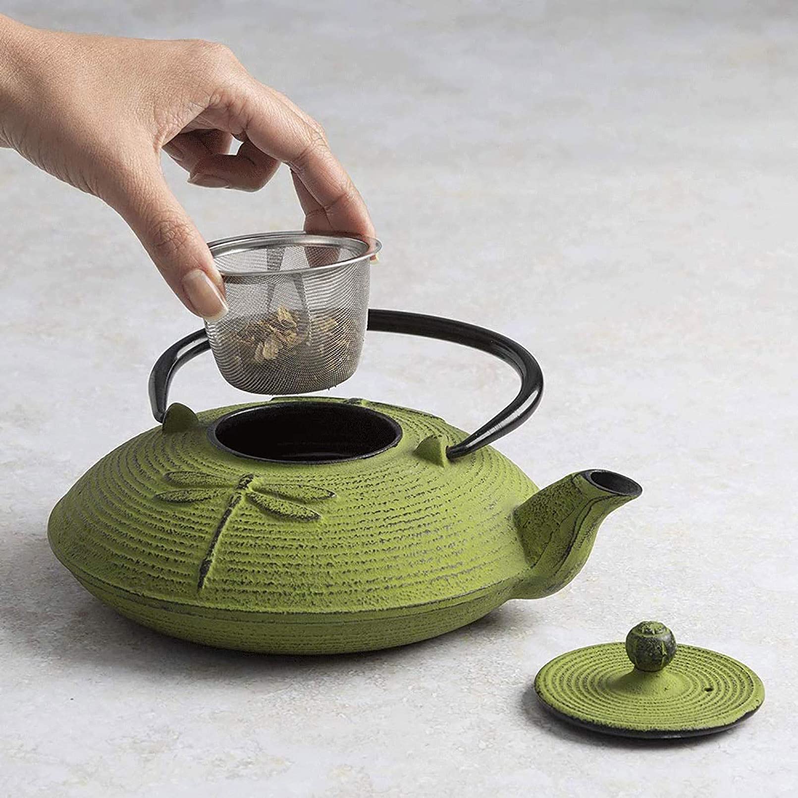 Tetera Cerámica Libélula Verde Tetera de Hierro Fundido Infusor de Acero Inoxidable para Té de Hojas Sueltas, Construcción Duradera, Interior Esmaltado, 800 ml,Verde