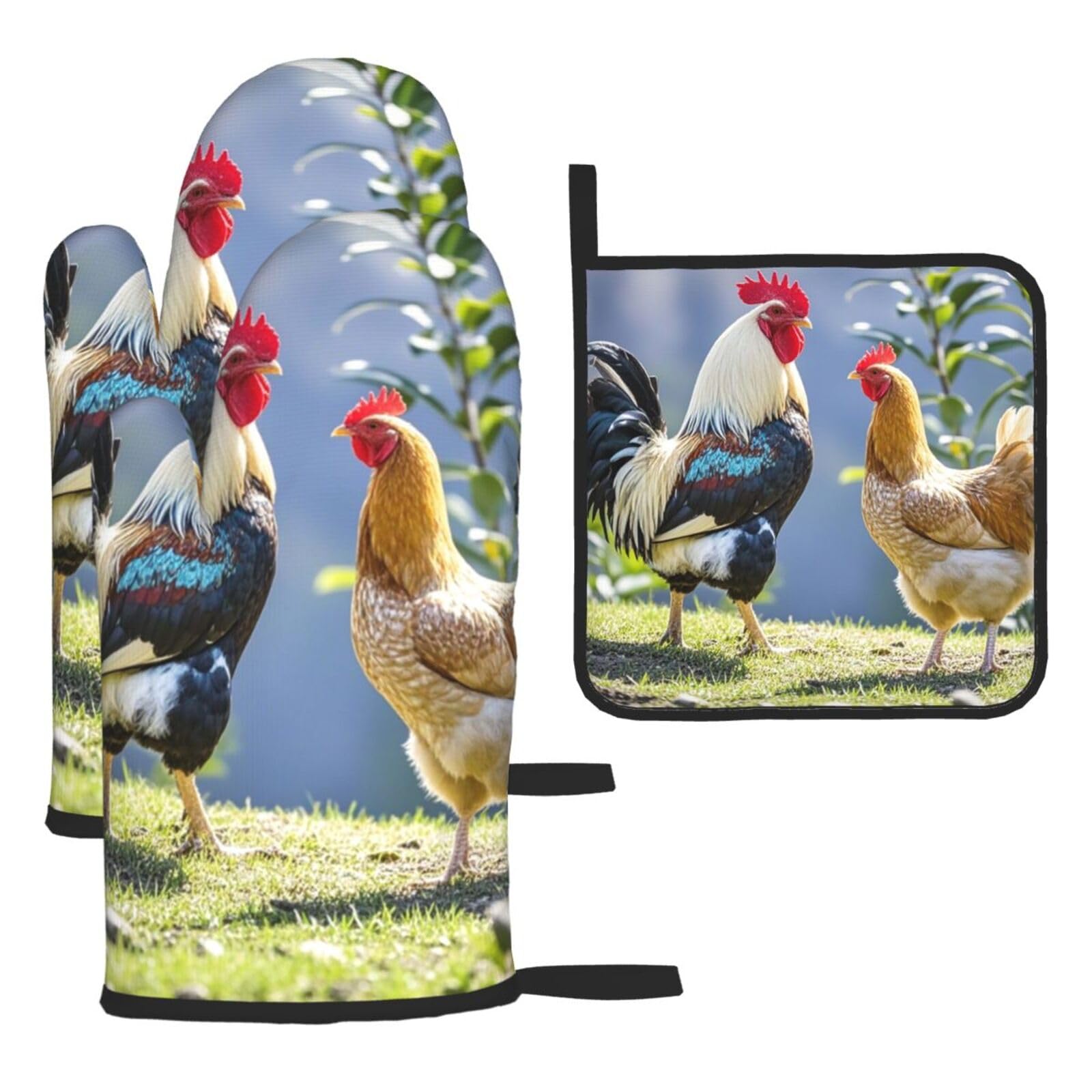 Oven Mitts and Pot Holders Sets of 3 Heat Resistant Kitchen Gloves Rooster and hen Oven Mitts BBQ Gloves Oven Gloves and Hot Pads Non-Slip Potholders for Kitchen Baking Cooking