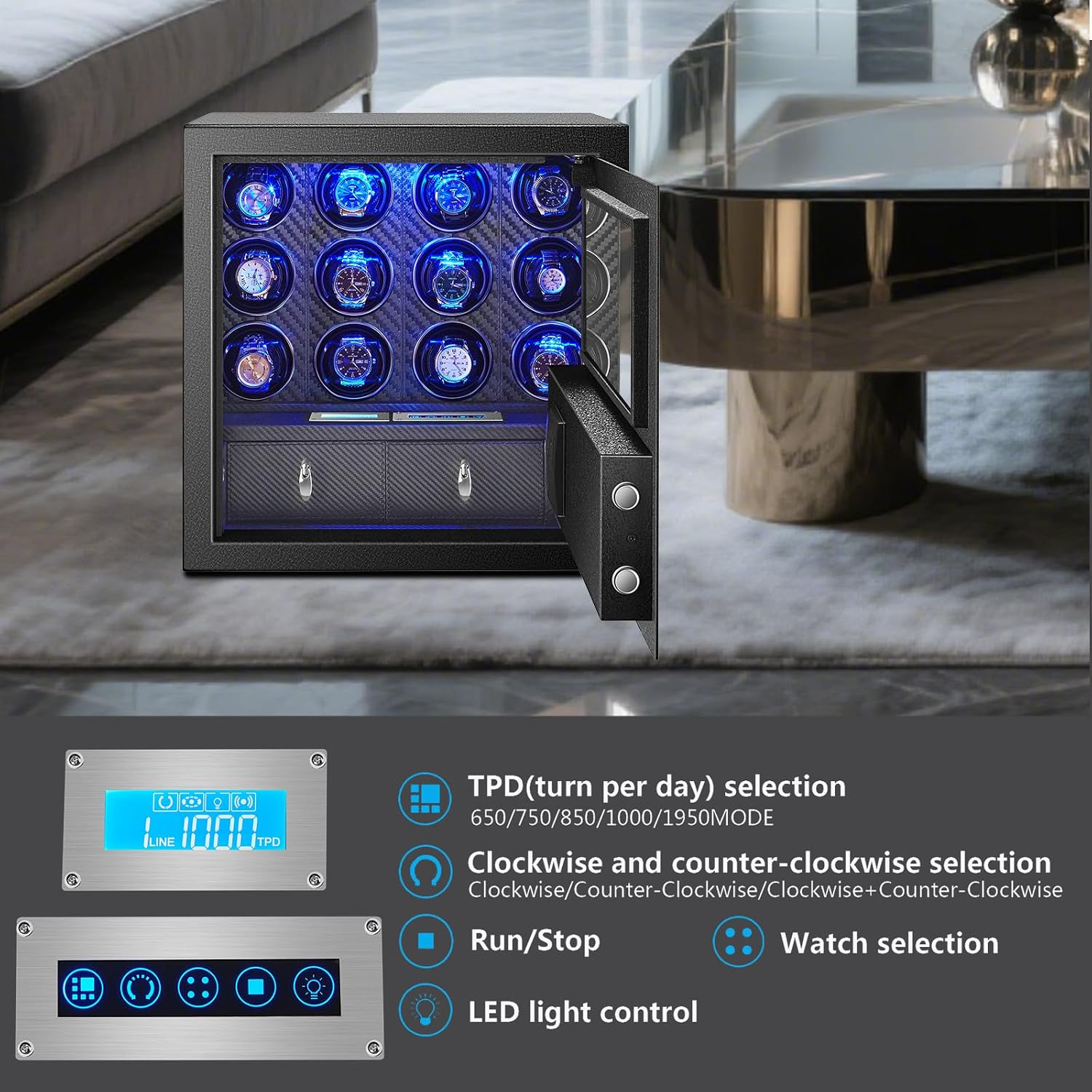 Safe Watch Winder for 12 Automatic Watches,with Digital Lock and Jewelry Storage,Ultra-Quiet Japanese Motors, Built-in LED Illumination and LCD Touchscreen Control