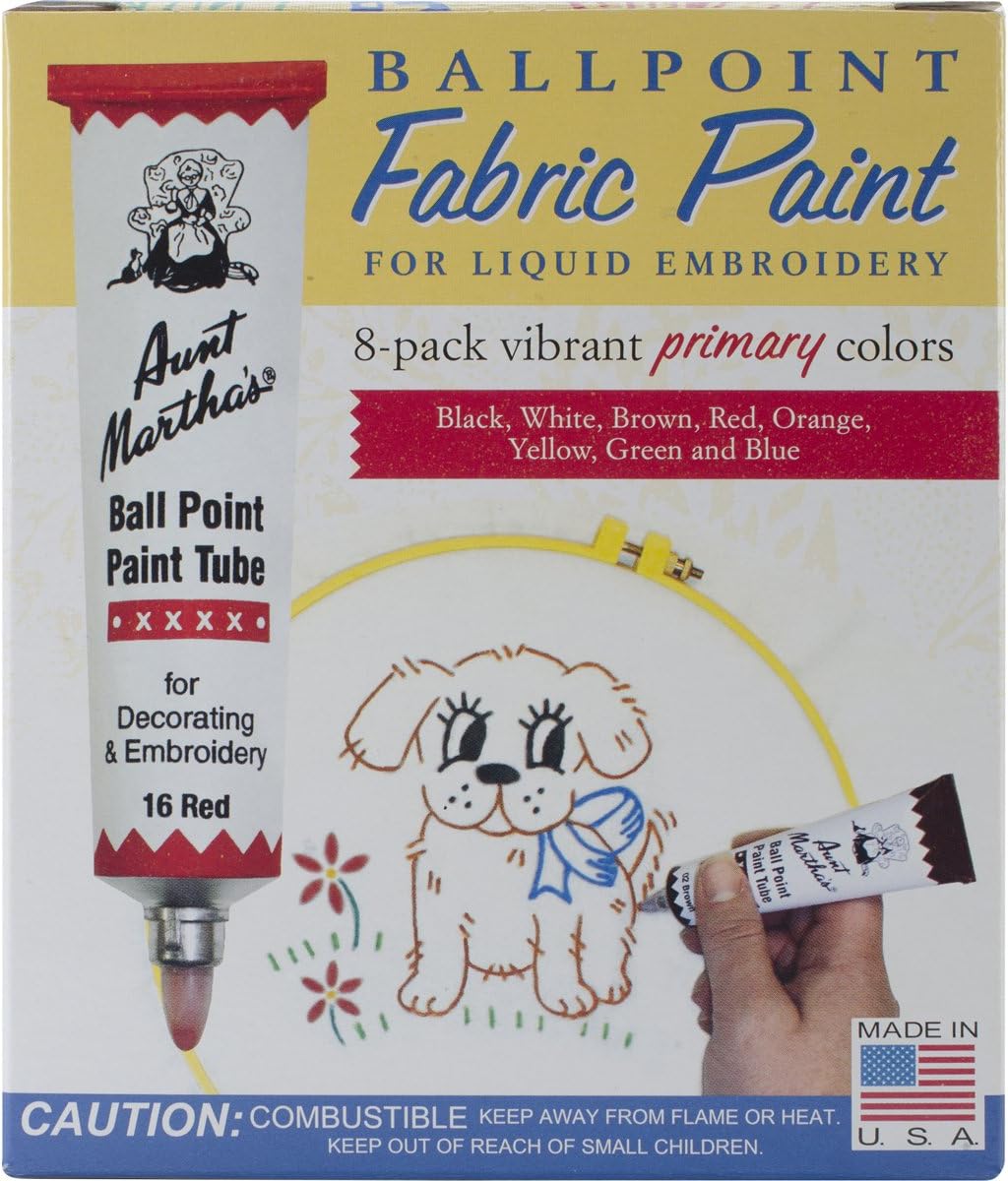 Aunt Martha's Ballpoint 8-Pack Embroidery Paint, Primary Colors, 1 Ounce (Pack of 8)