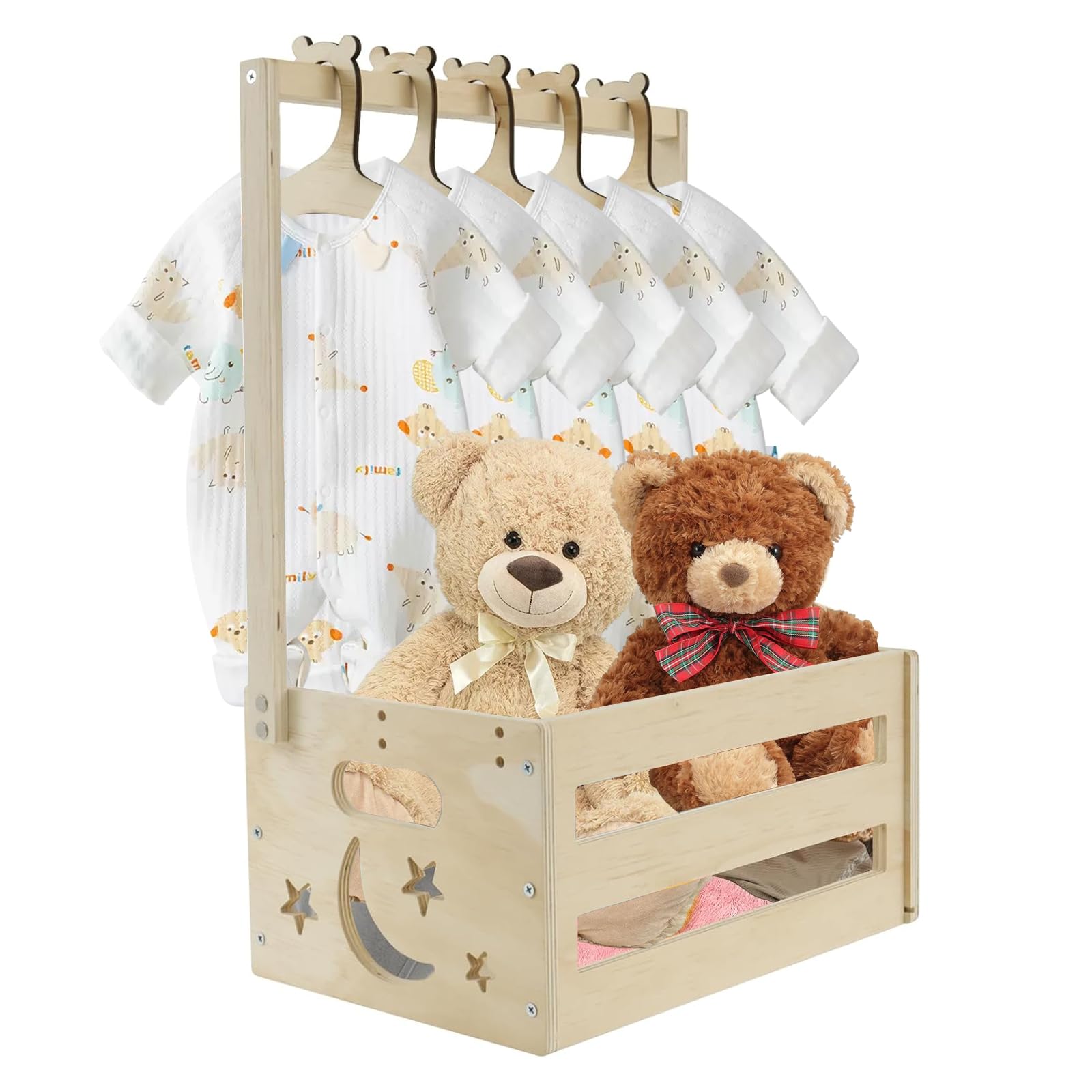 Yeqqzq Men's Wooden Baby Shower Crate Closet With 5 Hangers, Baby Basket Babys Clothes, Rail Baby Hamper, Decorative Basket Storage Crate, Personalized Babys Gifts For Newborn Boy Girl New Parent