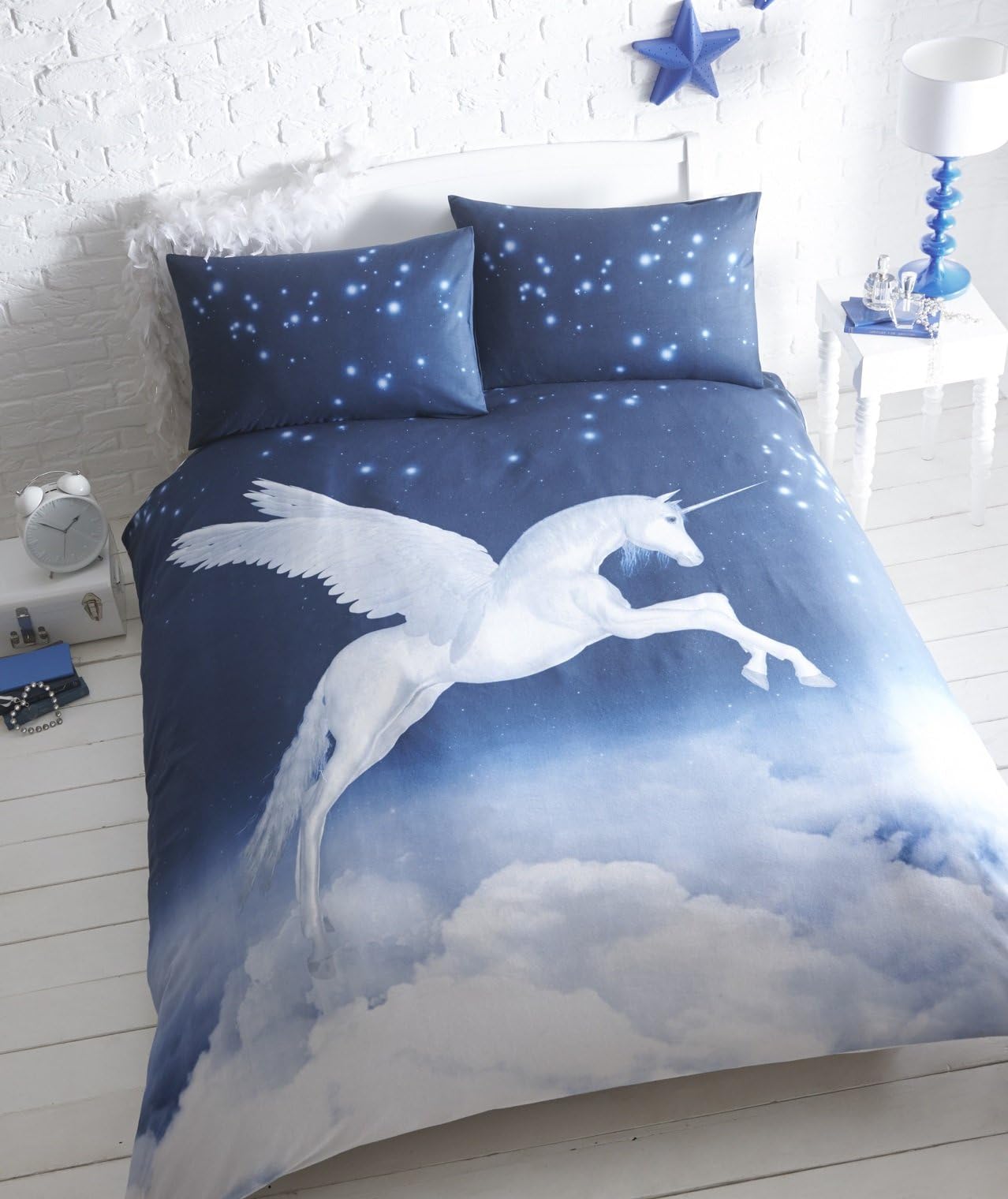 Eleanor James Unicorn Single Duvet Cover and 1 Pillowcase Set Bedding Polycotton Photographic Print, Polyester-Cotton, Blue