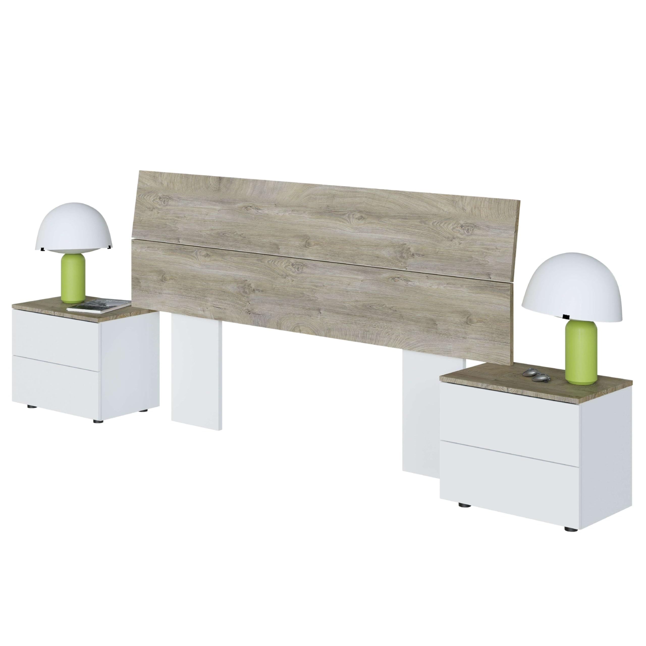 Habitdesign Cabezal + 2 Mesitas de Noche, 276x96x34 (AnchoxAltoxFondo-en cm), Color Blanco Artik y Roble Alaska, Cabecero y Mesitas, Modelo Dreams