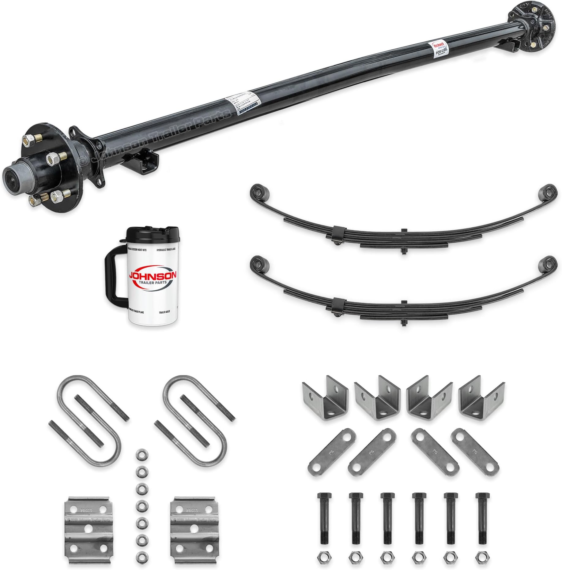 Rockwell American 3,500 lb Idler Trailer Axle Kit โ 61โ Hubface / 46โ Spring Center โ Double Eye Springs, U-Bolts & Hanger Kit โ 5-Lug 4.5โ Bolt Pattern โ Running Gear Kit