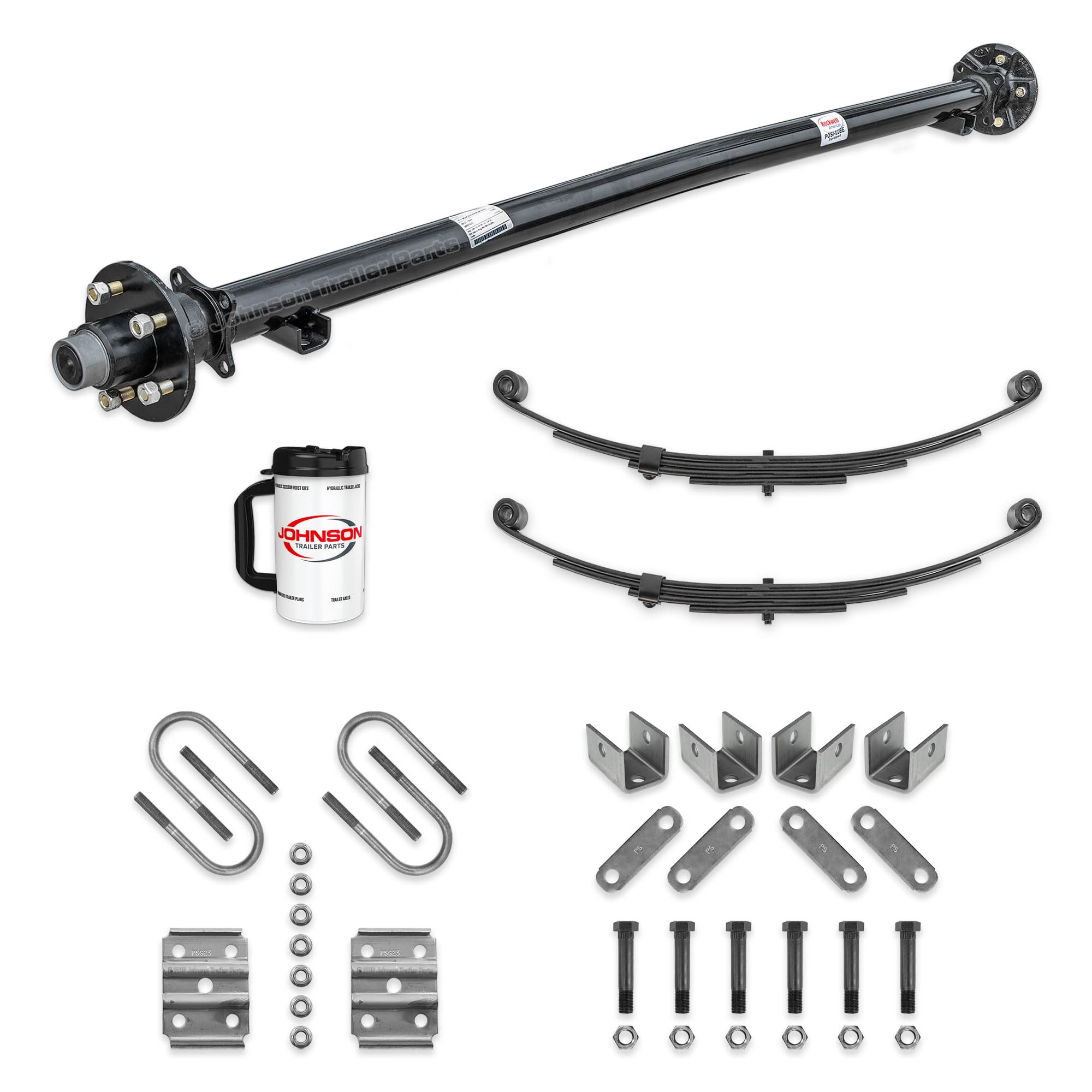 Rockwell American 3,500 lb Idler Trailer Axle Kit – 61” Hubface / 46” Spring Center – Double Eye Springs, U-Bolts & Hanger Kit – 5-Lug 4.5” Bolt Pattern – Running Gear Kit