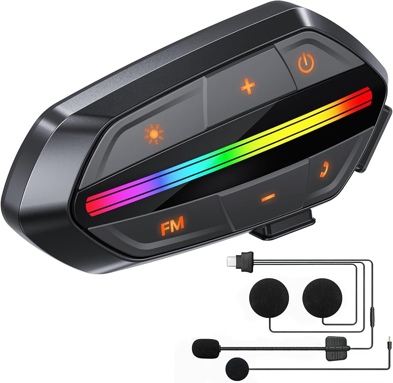 Auriculares Bluetooth para motocicleta V5.3, parlantes para casco con cancelación de ruido con alto volumen, micrófono dual, batería de 1000 mAh, IPX6 resistente al agua y luces RGB para montar