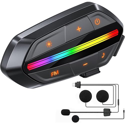 Motorcycle Bluetooth Headset, Bluetooth 5.3 Helmet Speakers with Loud Sound, RGB Lights & 1000mAh Battery, Noise Cancelling Helmet Bluetooth Headset for Drivers, IPX6 Waterproof Motorcycle Headphones