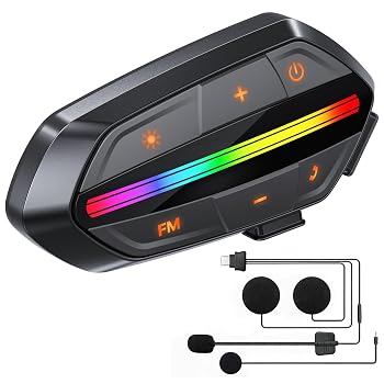 Wisdagaly Motorcycle Bluetooth Headset V5.3, Noise Cancelling Helmet Speakers with High Volume, Dual Mic, 1000mAh Battery, IPX6 Waterproof & RGB Lights for Riding