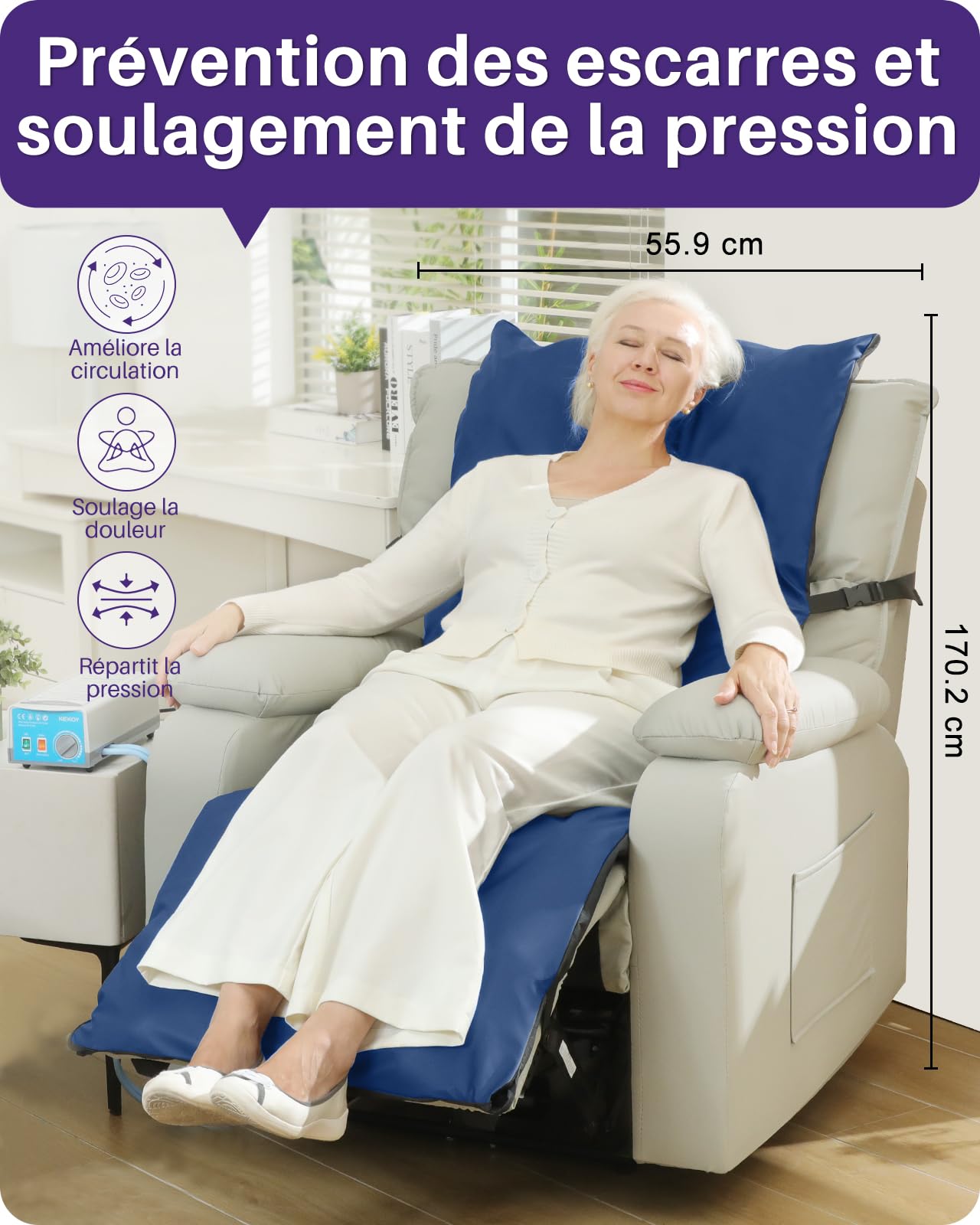 Kekoy Matelas Anti-Escarre pour Fauteuils Relax, Pompe Silencieuse, Housse Imperméable, Idéal pour Personnes Âgées et Récupération Postopératoire, 170x56 cm, Bleu Clair