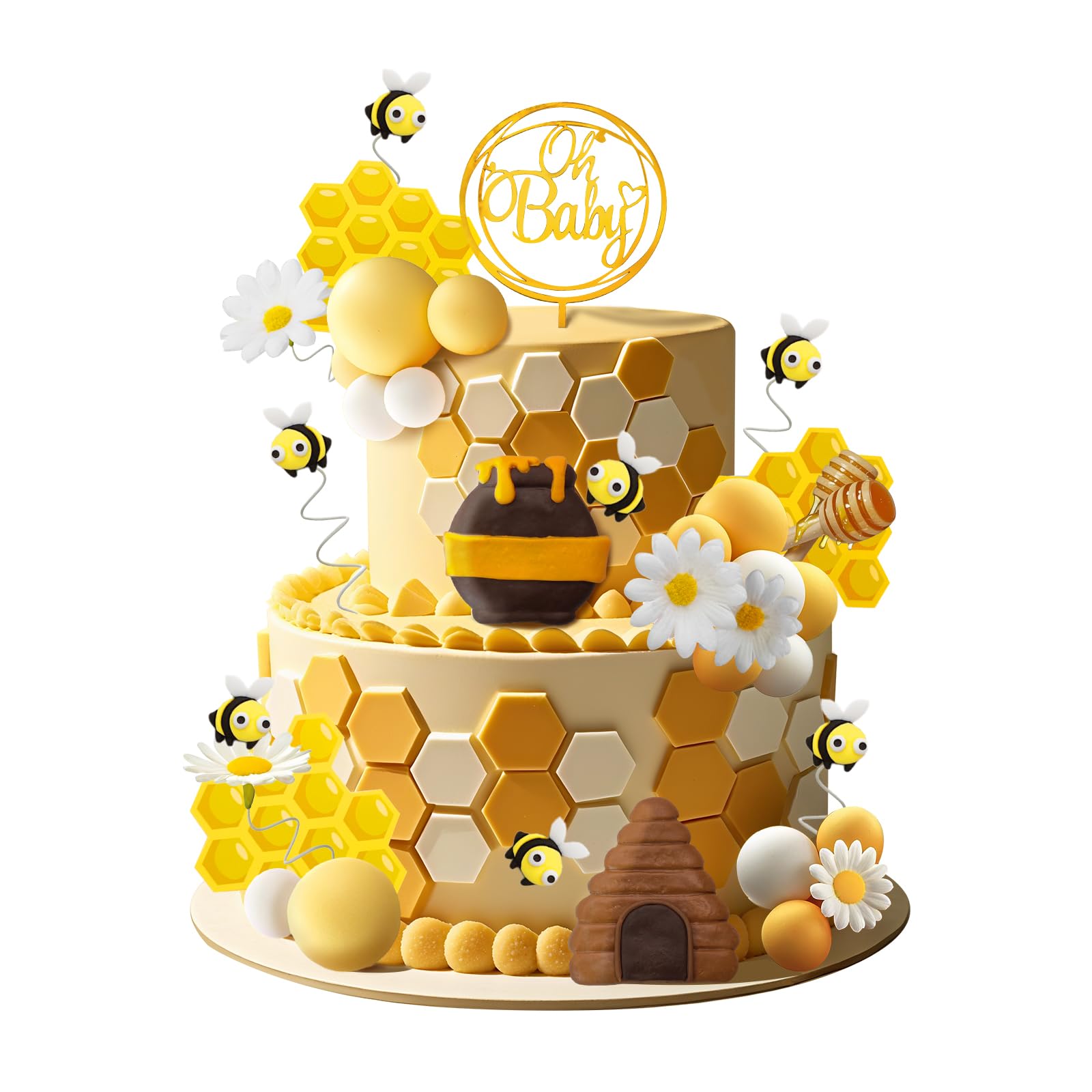Bumble Bee Cake Topper Birthday Party Decoration SuBee Theme Honey Jar Cake Topper Honeycomb Flower Cake Decorations Supplies for Birthday Party