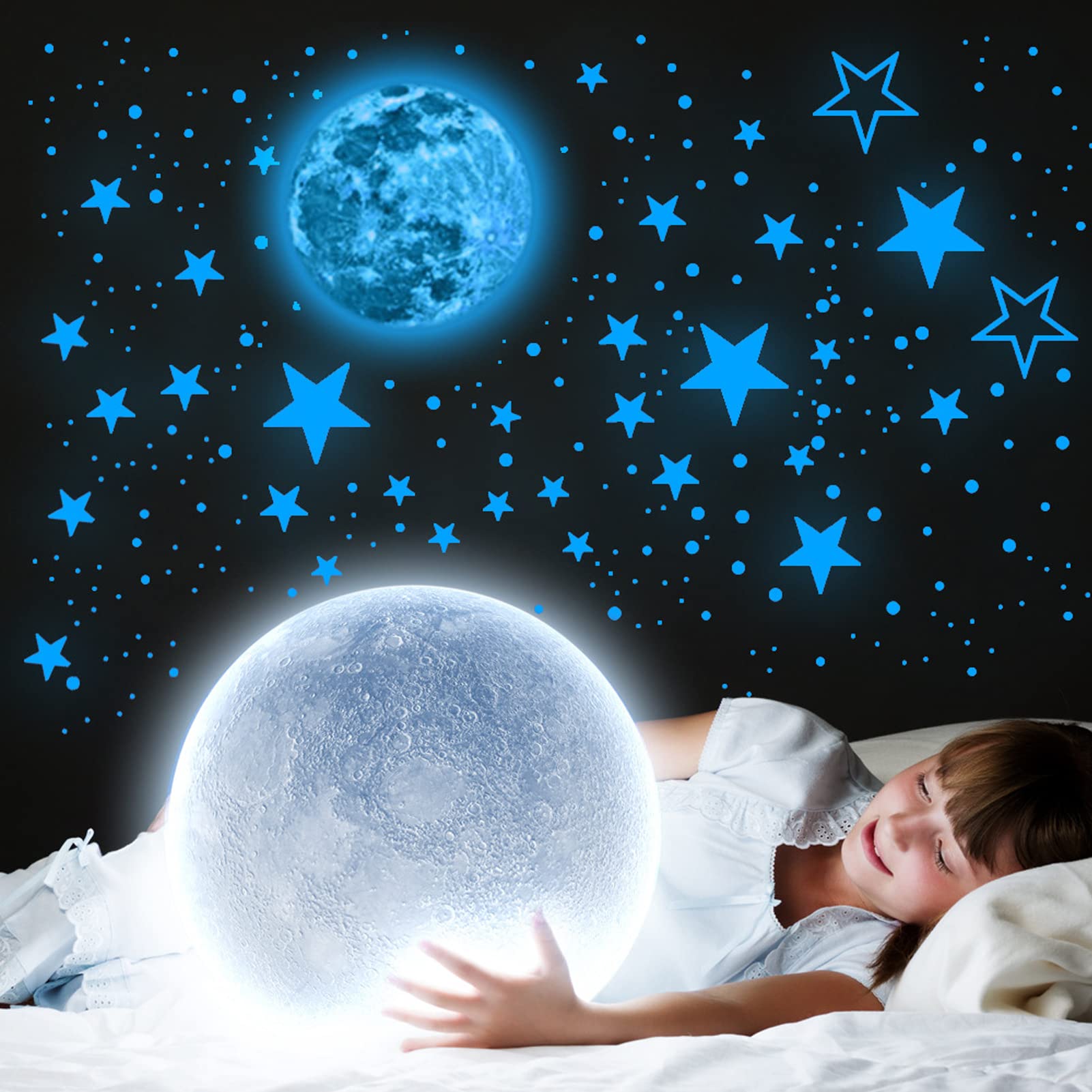 Glow in The Dark Stars for Ceiling and The Dark Moon Starry Sky Shining Decals Room Decoration Perfect Gifts for Kids Bedroom Bedding Room, 1 Moon + 1048 Stars and Dots, Sky Blue