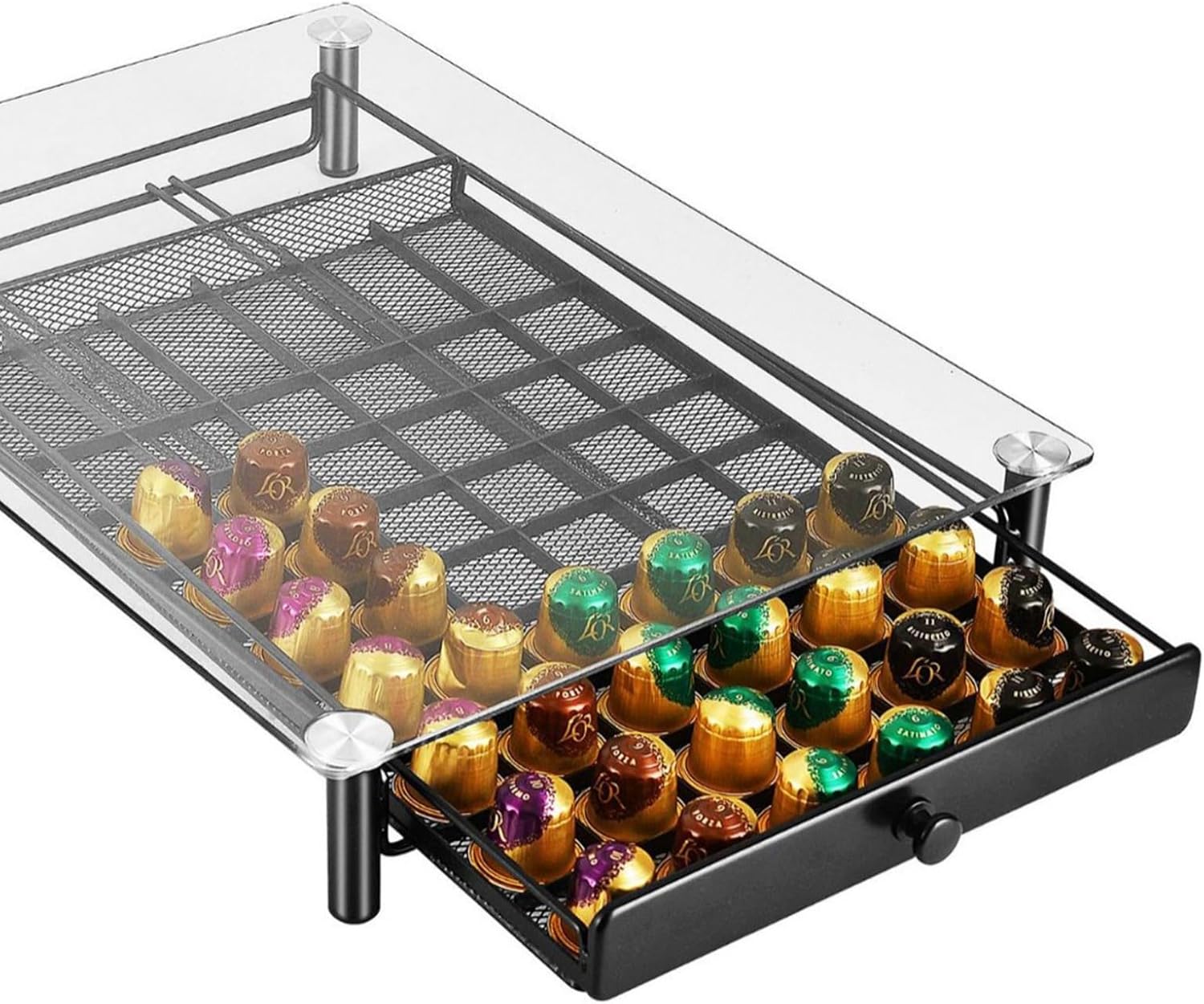 Modern Coffee Pods Storage Drawer Space Saving Rustproof Metal 60 Capacity Espresso Organiser Supplies Coffee Storage Drawer