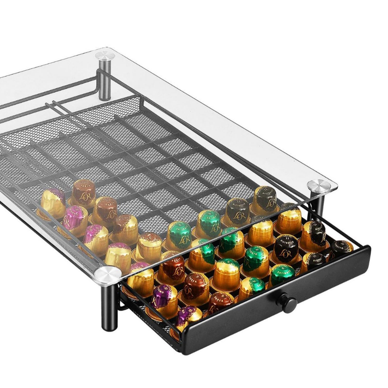 Rustproof Metal Coffee Pods Drawer Rusts Resistant Espresso Pods Organiser Container with Clear Glass Shelf Storage Drawer