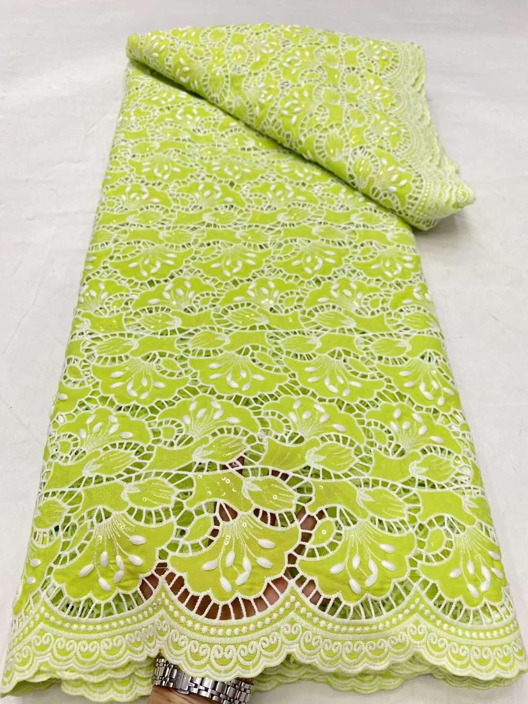 African Laser Cut Flowers Guipure Cord Lace Fabric - Cotton Dry Laces Fabrics for Party Dress 5 Yards (5 Yards,Lemon Green)