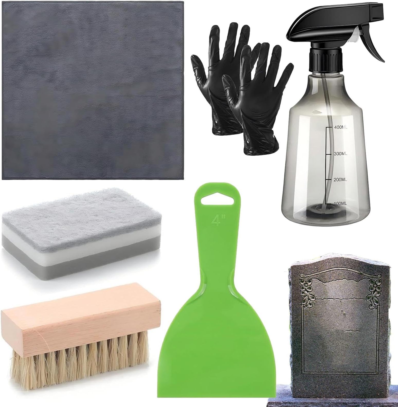 Grave Cleaning Kit – Multi-Piece Stone Cleaning Tools Including Cloth Gloves, Brush, Spray Bottle, Scraper, And Sponge For Churchyard, Cemetery, Monument Preservation, Historical Site Care, Outdoor Re