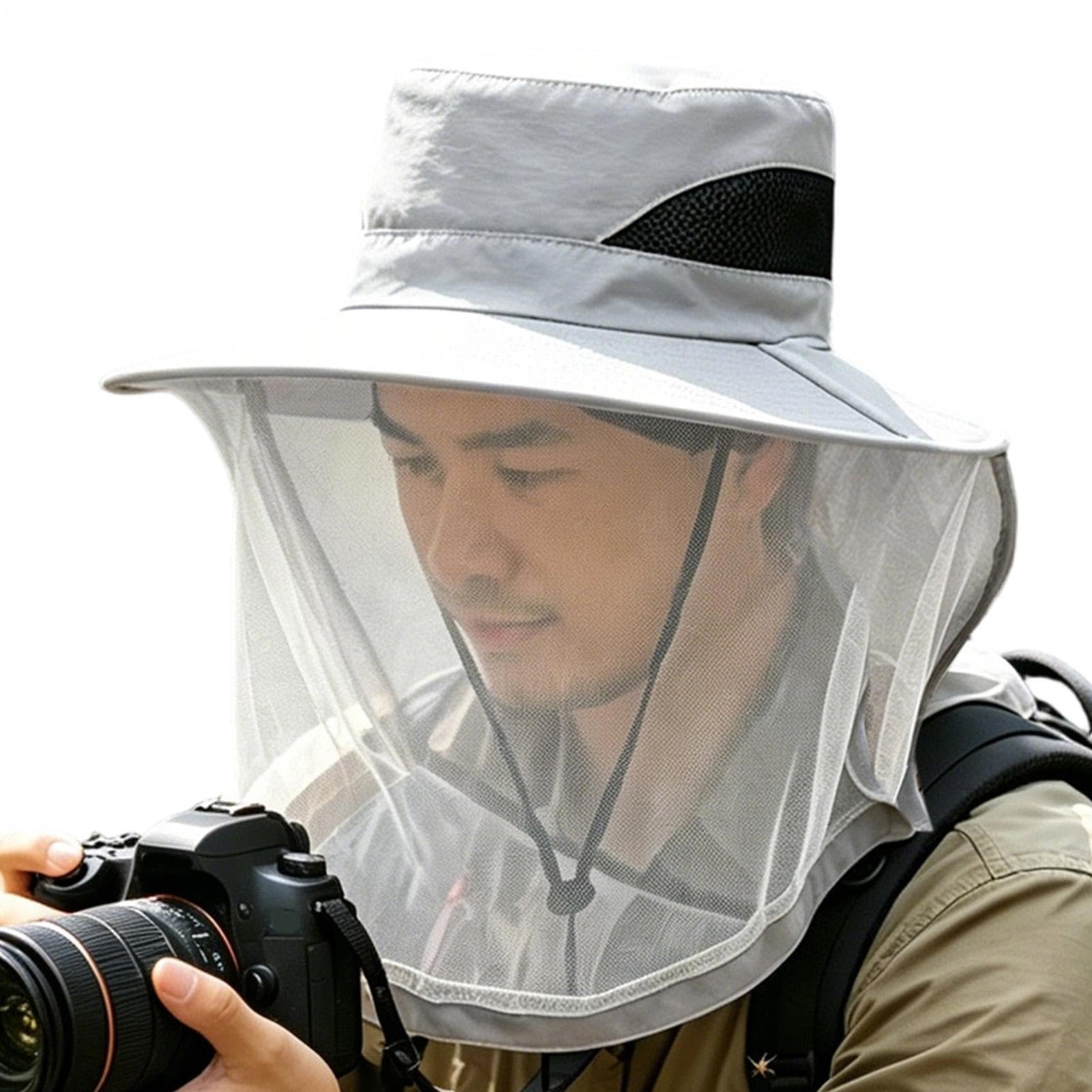 UV Protection Hat Mesh Face and Neck Cover Sun Shield Headgear Light Gray