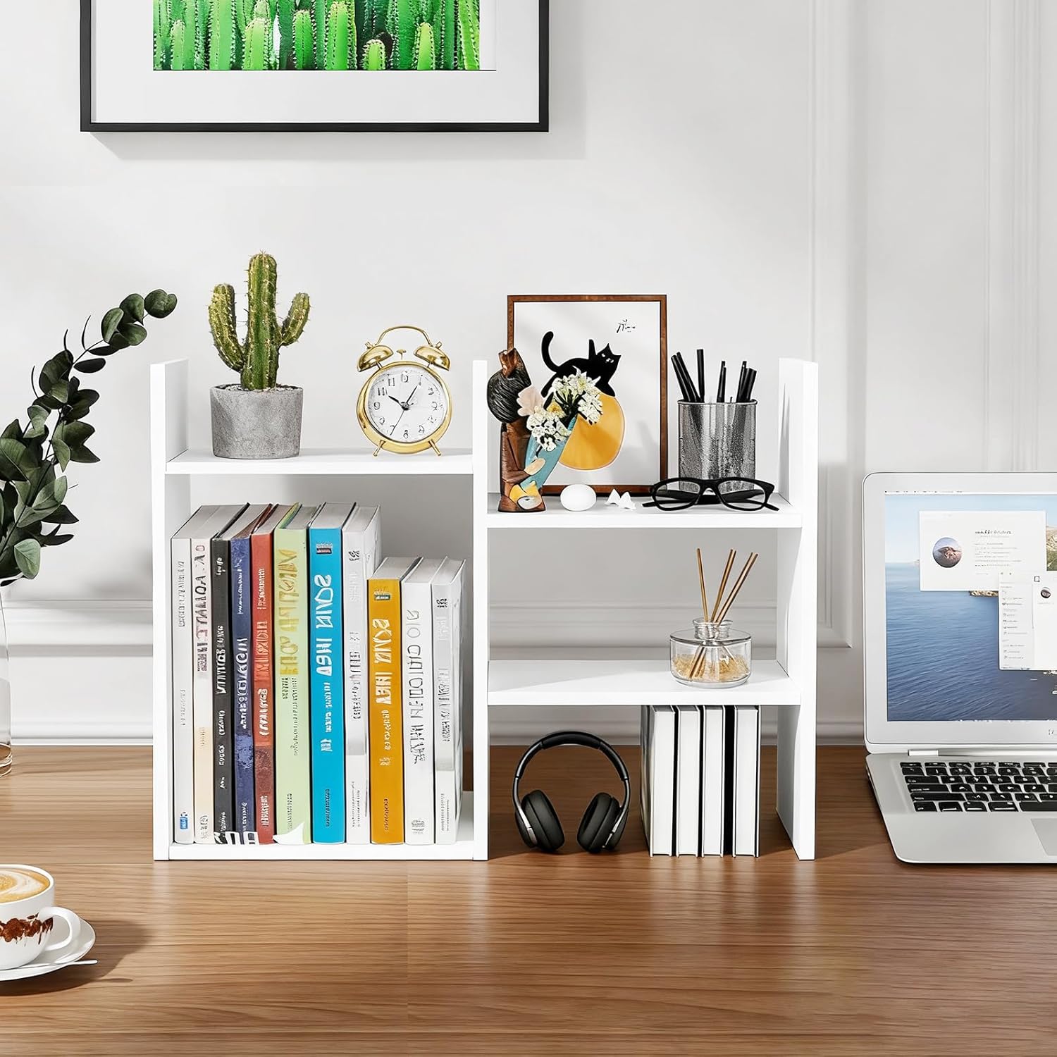 デスクシェルフストレージオーガナイザー - 小さなデスクトップ本棚、3段ホワイトテーブルブックシェルフ、多目的木製デスクトップ本棚ス
