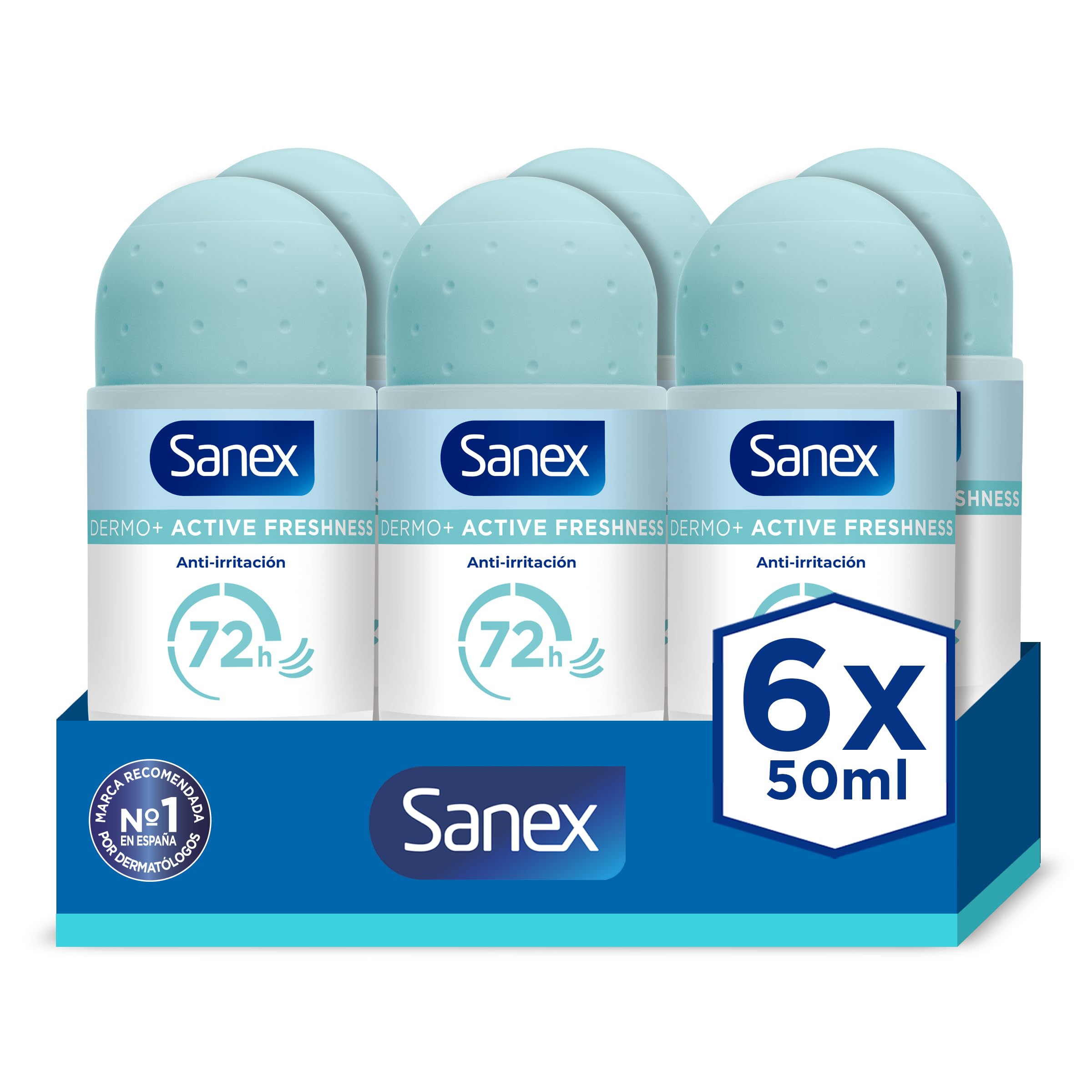 Sanex Dermo+ Active Freshness Desodorante Antitranspirante Roll-On 72 Horas (50ml) Pack 6 – protección eficaz contra el sudor y el mal olor – dermatológicamente testado – contiene 0% alcohol*