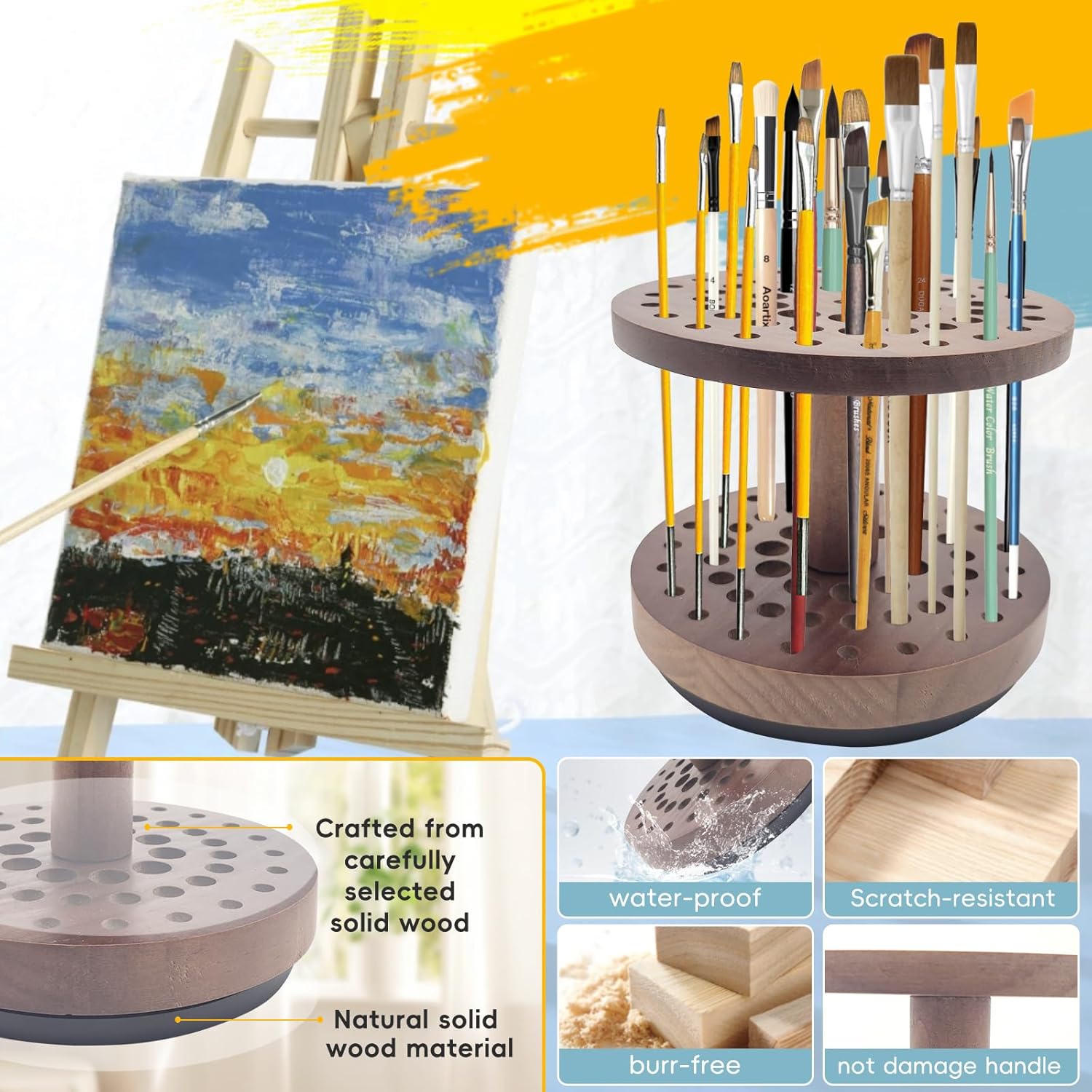 52-Hole Rotating Paint Brush Holder, 360° Smooth Spinning Artist Paint Brush Organizer and Storage, Hardwood Art Brush Drying Rack for Watercolor Brushes, Makeup Brushes & Calligraphy Pens - Image 3