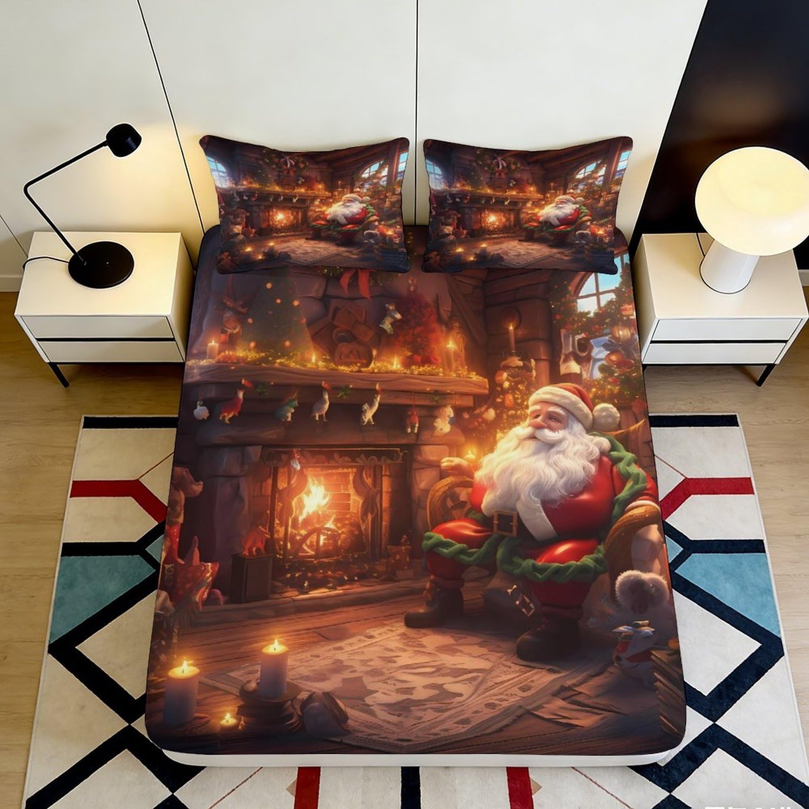 3D Printed Christmas Fireplace Fitted Sheet Microfiber Soft Santa Claus Bed Cover for Bedroom Dorm Guest Room 180x200x25cm