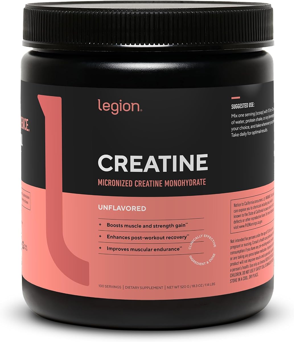 LEGION Suplemento de monohidrato de creatina micronizada - Polvo de creatina limpio para ganancia muscular y recuperación post-entrenamiento - Suplemento de creatina micronizada para máxima absorción (100 porciones, sin sabor)