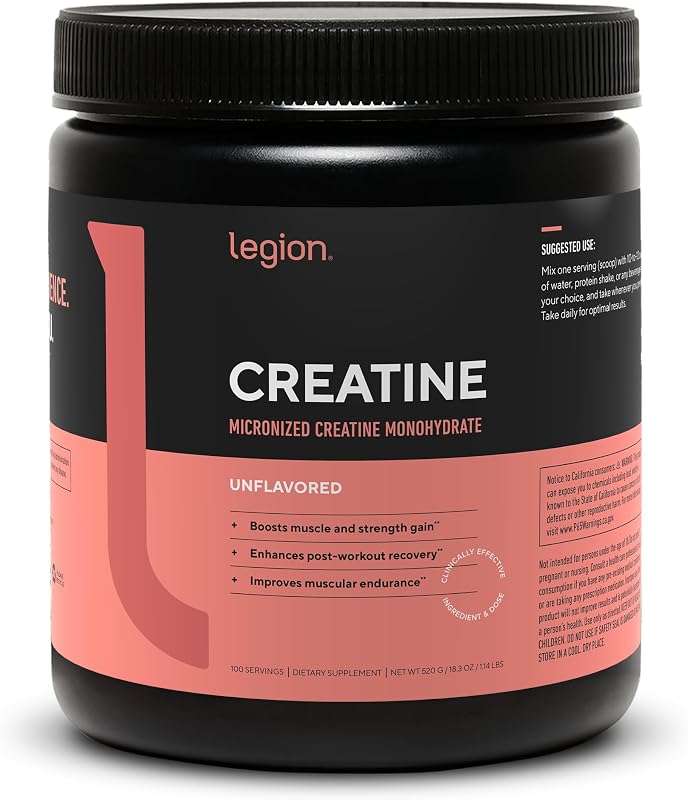 LEGION Suplemento de monohidrato de creatina micronizada - Polvo de creatina limpio para ganancia muscular y recuperación post-entrenamiento - Suplemento de creatina micronizada para máxima absorción (100 porciones, sin sabor)