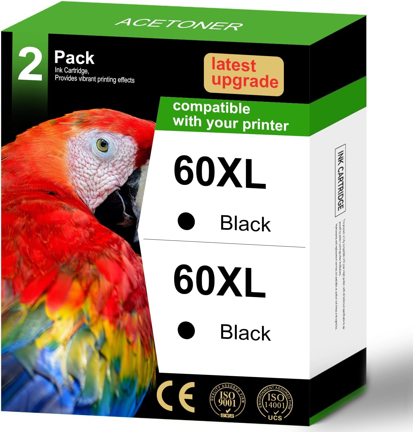 60XL Black Ink Cartridges 2 Pack Replacement for HP 60 60 XL High Yield Work for PhotoSmart C4780 C4680 C4795 C4640 Deskjet F4480 F4440 F2430 Envy 110 120 111 114 (2 Black)