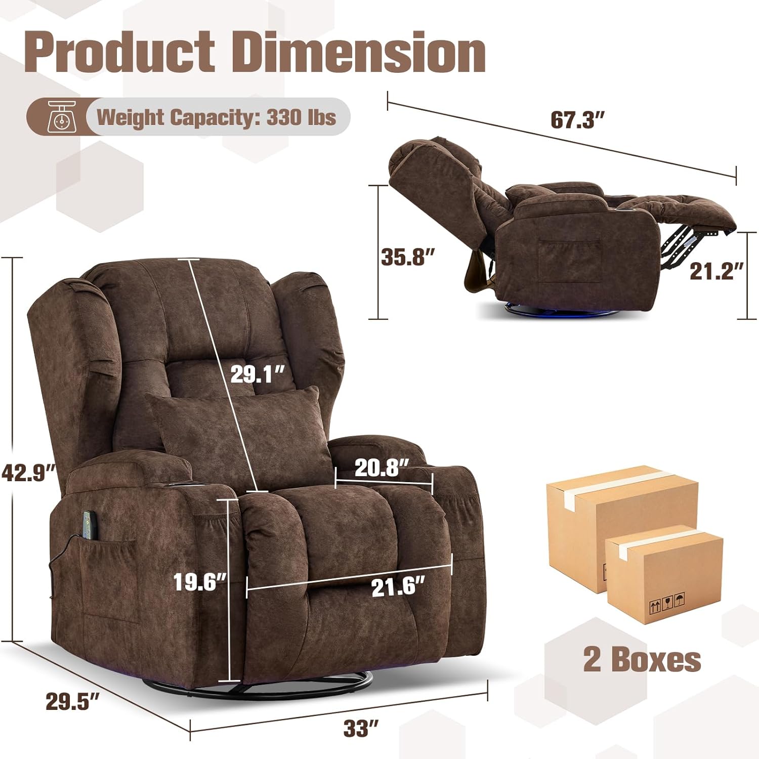 Swivel Rocker Recliner,Power Recliner Chairs for Adults,240°Swivel Rocking Chair with Massage and Heat,Nursery Glider Recliner with Storage,Cup Holders for Living Room (Velvet, Brown)