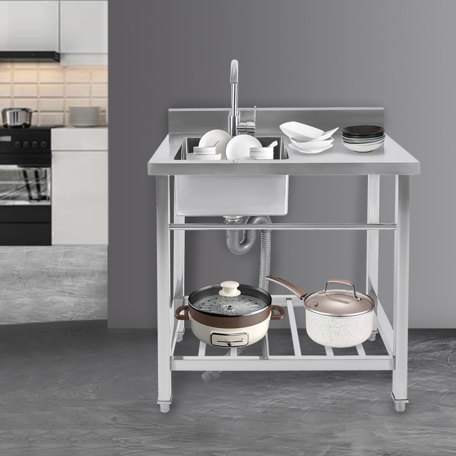 Fregadero de cocina de acero inoxidable, fregadero de cocina independiente, fregadero de cocina de pie de acero inoxidable, con grifo y banco de trabajo, con patas cuadradas, para exterior, interior
