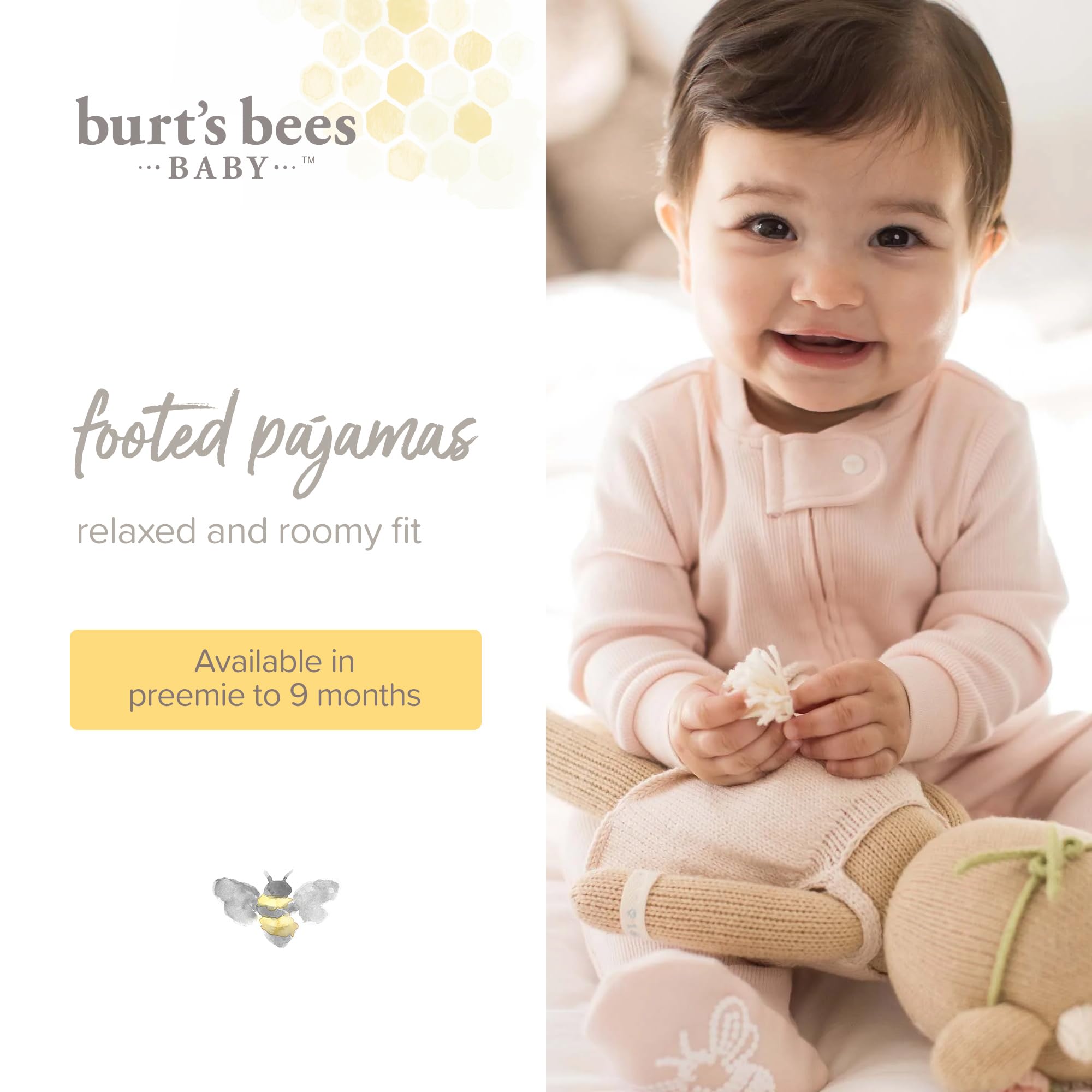 Burt's Bees Baby Pajamas Sleep And Play, Soft 100% Organic Cotton One-piece Pj With Non-slip Bee Grip Footies, Newborn Essentials Traversine per neonati e bambini piccoli bambini ragazze (Pacco da 1)