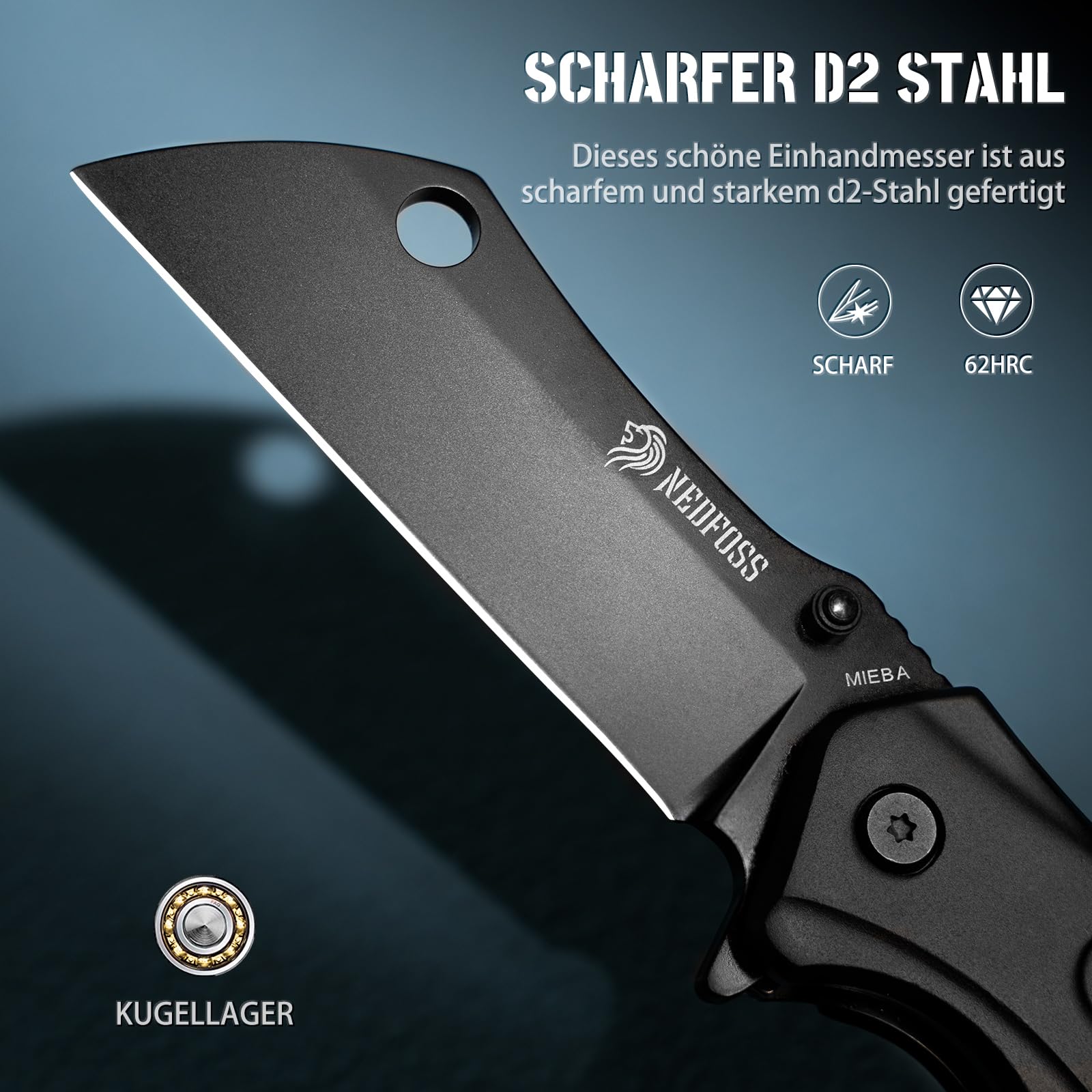 NedFoss MIEBA Klappmesser Outdoor, 8.5CM D2 Stahl Taschenmesser mit Cleaver-Klinge, Einhandmesser mit Scheide & totenkopf motiv, Outdoor Messer mit Clip, Survival Jagdmesser für Sammlung & Geschenke