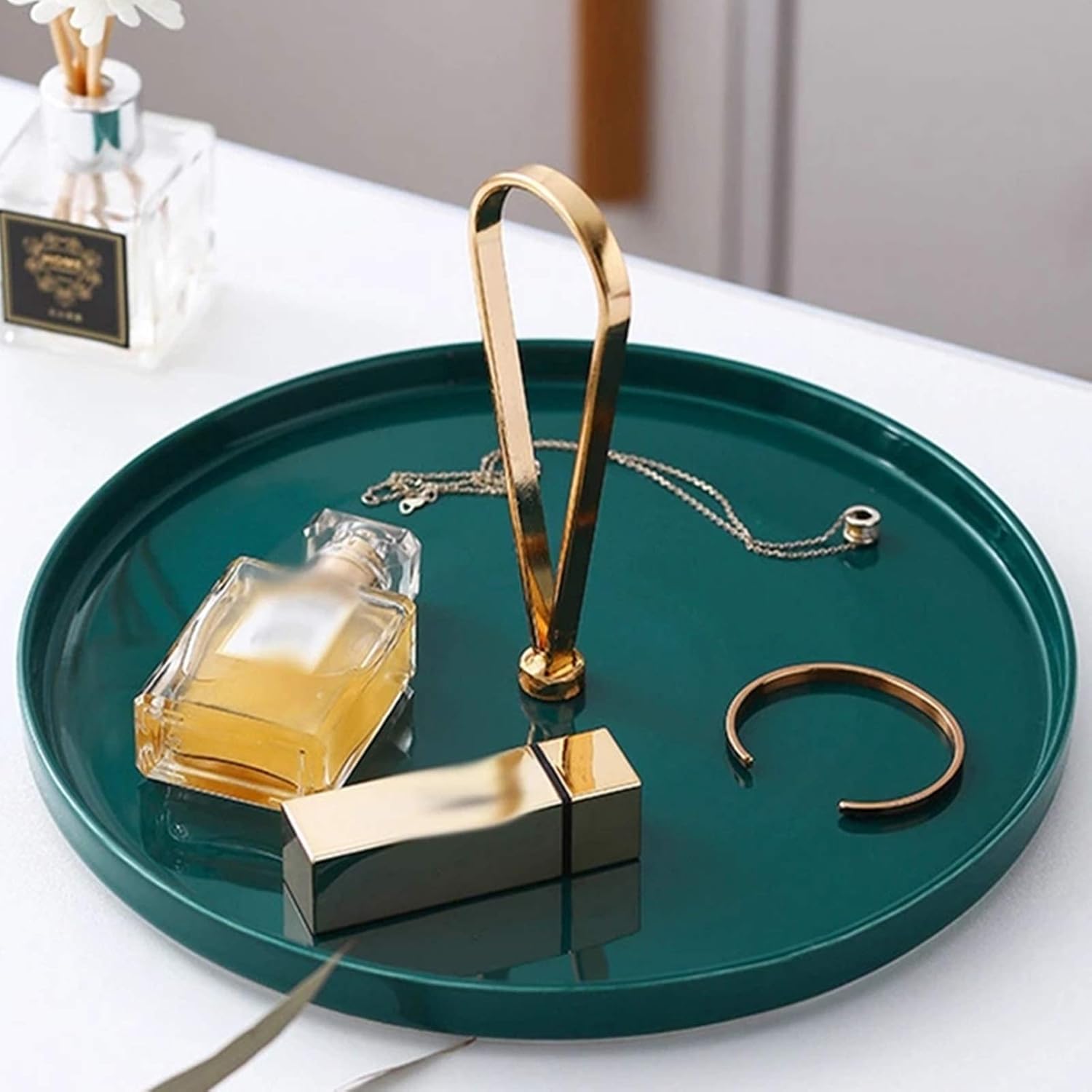 Decorative Tray European Ceramic Tray Living Room Bedroom Dressing Table Decor Cosmetic Jewelry Desktop Storage Tray Home Decoration (Color : Green Size : 27x14.6cm)