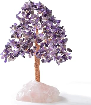 KALIFANO Premium Natural Amethyst 414 Gemstone Count Chakra Crystal Tree with Rose Quartz Base with Healing Properties - Bonsai Feng Shui Money Tree for Positive Energy, Luck and Wealth