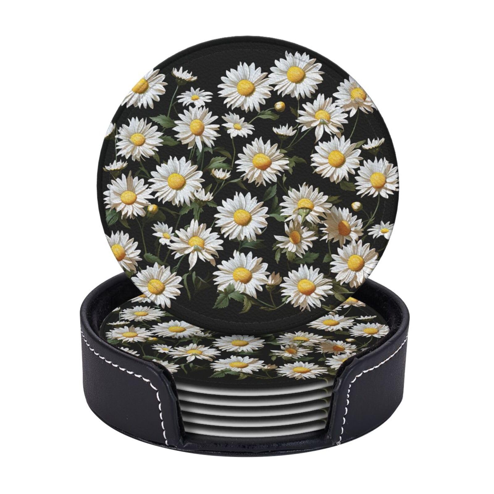 6PCS Drink Coasters with Holder, 4" Leather Coasters for Drinks, Daisy Cup Coasters for Coffee Table Decor, Non-Slip Drinking Cup Mat for Hot or Cold Drink