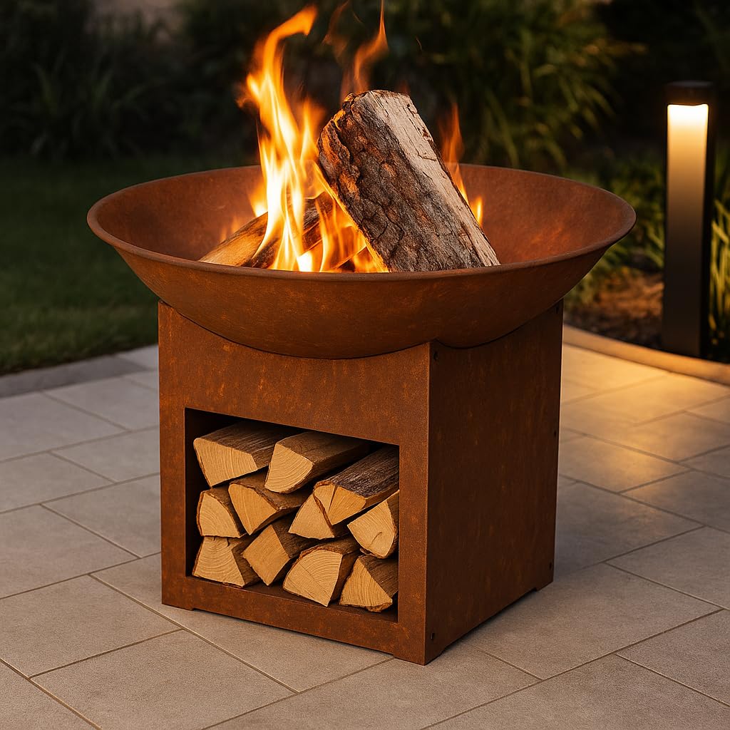 Feuerstelle mit Untergestell, Ø57cm, Feuerkorb für Garten & Terrasse, Lagerfeuer Feuerschale aus Metall - Rostoptik