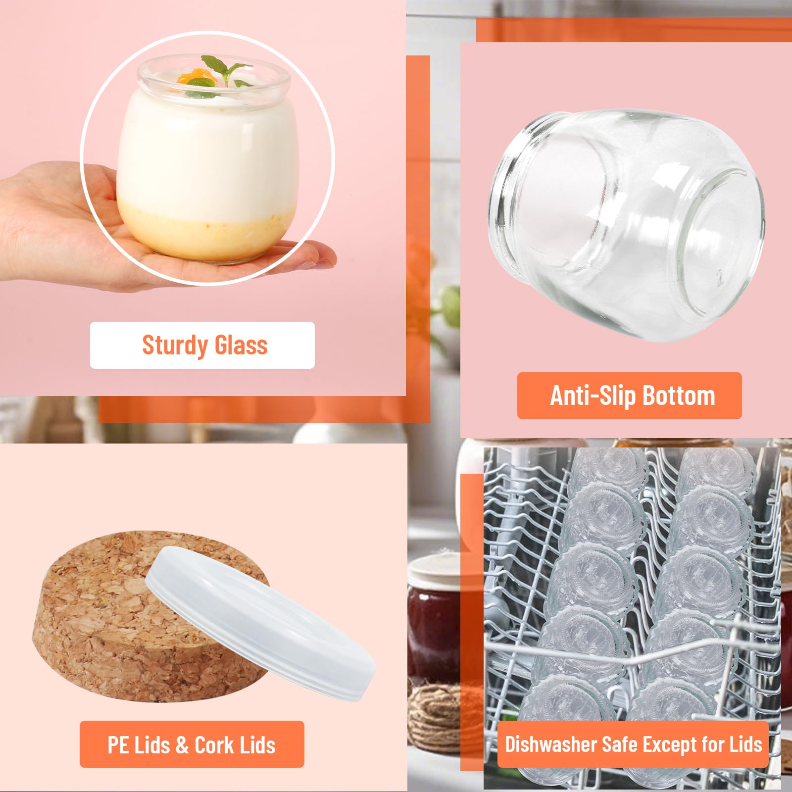 Jaisie.W Paquete de 40 tarros de vidrio de 7 onzas con tapas de corcho y polietileno, tarros pequeños de yogur con tapas, tarros de pudín seguros para alimentos, para miel, mermelada, especias, velas