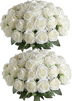 Veryhome 36Pcs Artificial Roses Realistic Fake Flowers Bulk Long Stem Silk Faux Roses Bouquet for Wedding DIY Home Decor Bridal Table Centerpieces Party Arrangements GiftsWhite