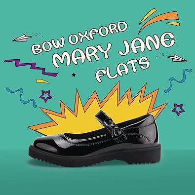 JABASIC Girls Black School Shoes Bow Oxford Mary Jane Flats
