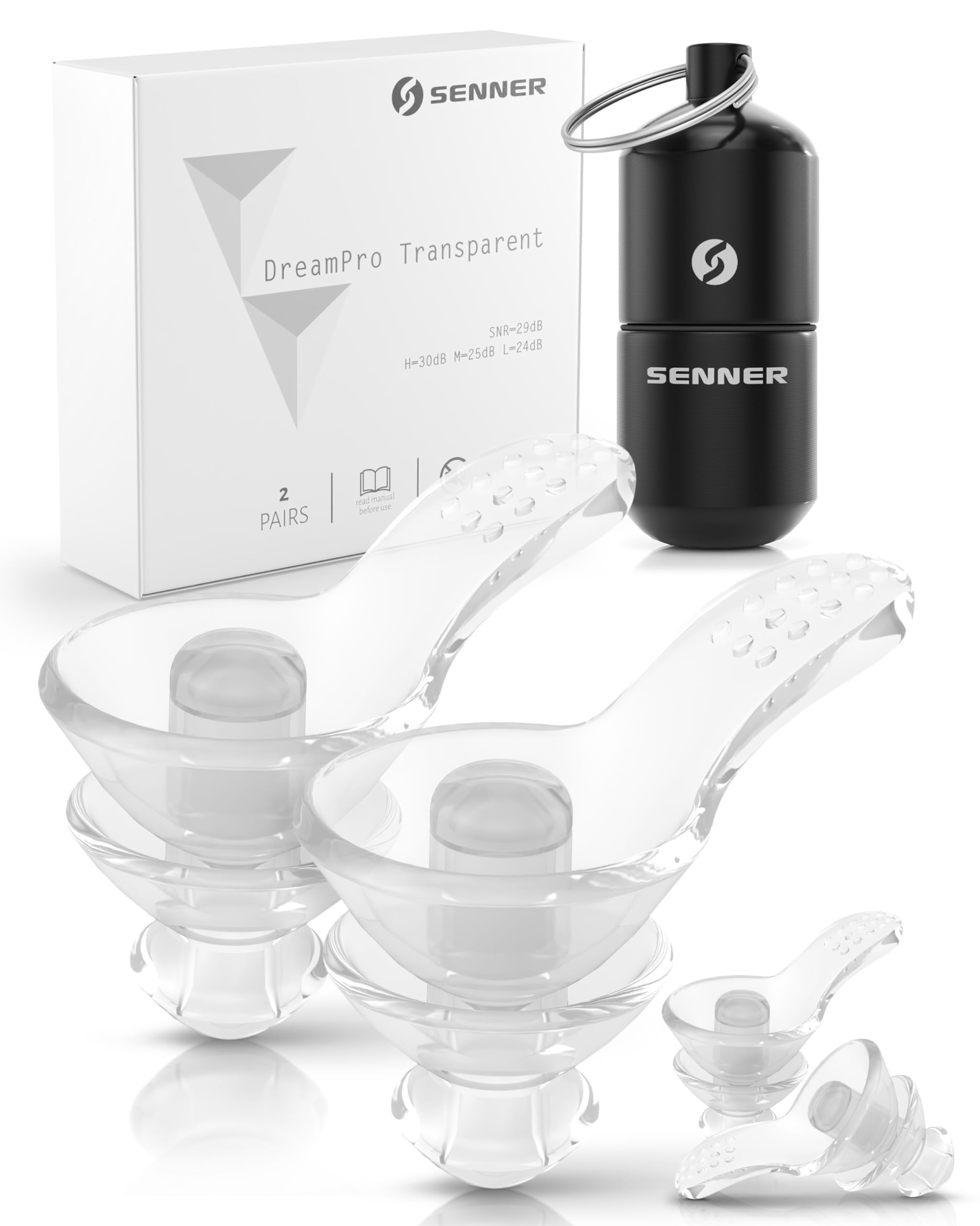 Senner ® DreamPro - Tappi orecchie per sonno tranquillo - Protezione udito in ambienti rumorosi, per chi dorme di fianco - Anti Russamento - Ipoallergenici, 2 misure, Contenitore alluminio