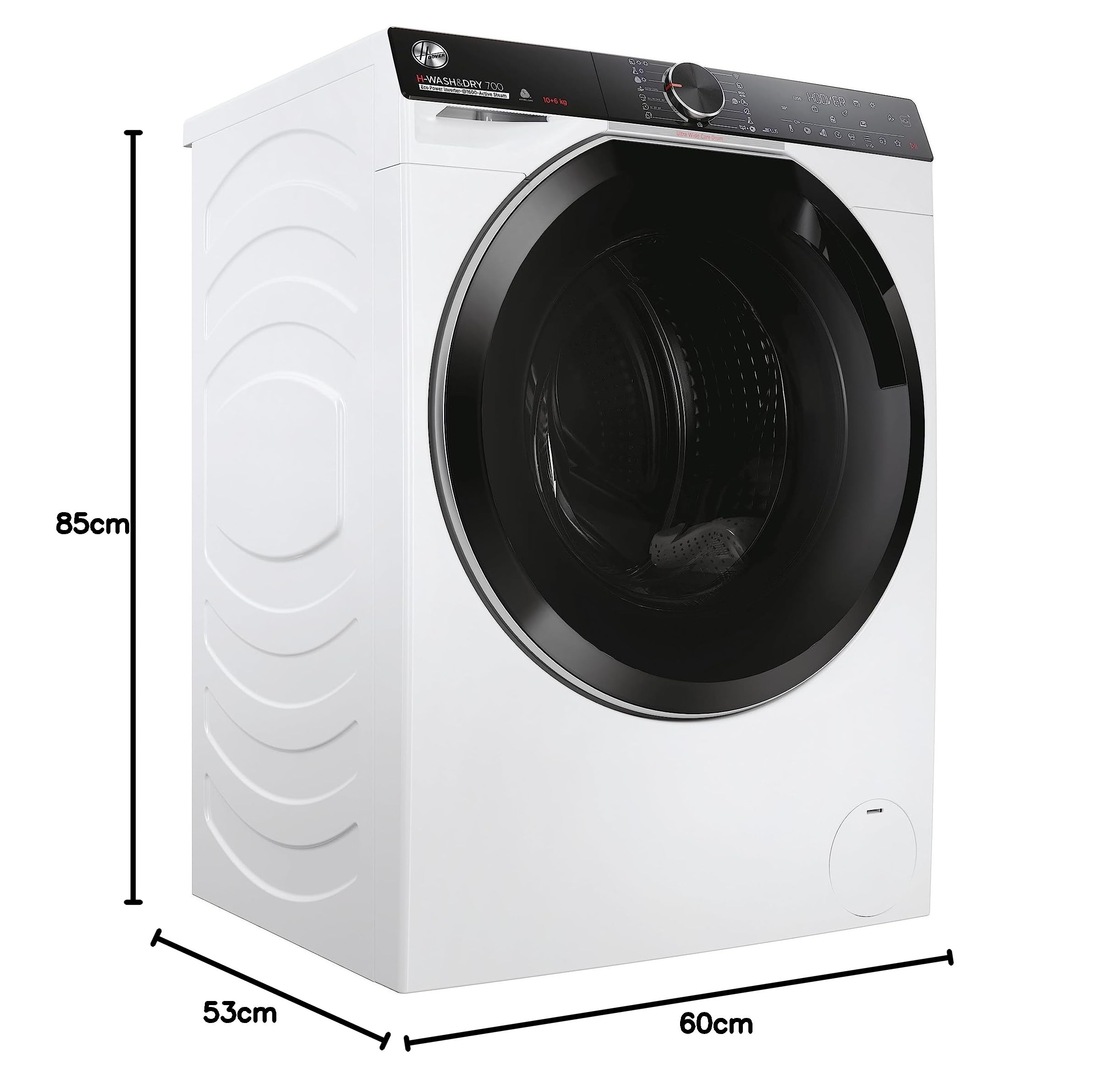 Hoover H-WASH&DRY 700 Lavasciuga 10+6 Kg, Libera Installazione, Carica Frontale, 60 x 53 x 85 cm, Classe A/D, 1600 Giri, Wi-Fi + BLE, Controllo Remoto, Auto e Steam Care Pro, Bianco - H7D 6106MBC-S