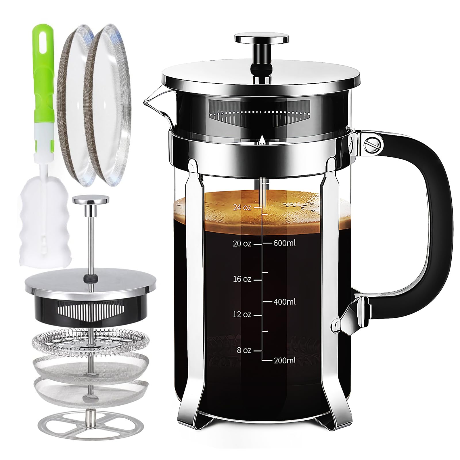 YMMIND French Press Coffee Maker 304 Stainless Steel Coffee Press,with 4 Filters System, Heat Resistant Thickness Borosilicate French Press Glass, BPA-Free Brewed Tea Pot Coffee Plunger(Silvery 34oz)