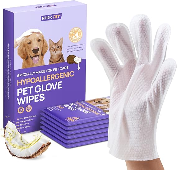 HICC PET Grooming & Moisturising Glove Wipes for Dogs & Cats | Dog Wipes with Coconut Oil, Pet Cleaning Wipe for Sensitive Skin,Hypoallergenic Pet Wipes, Travel Size, Unscented