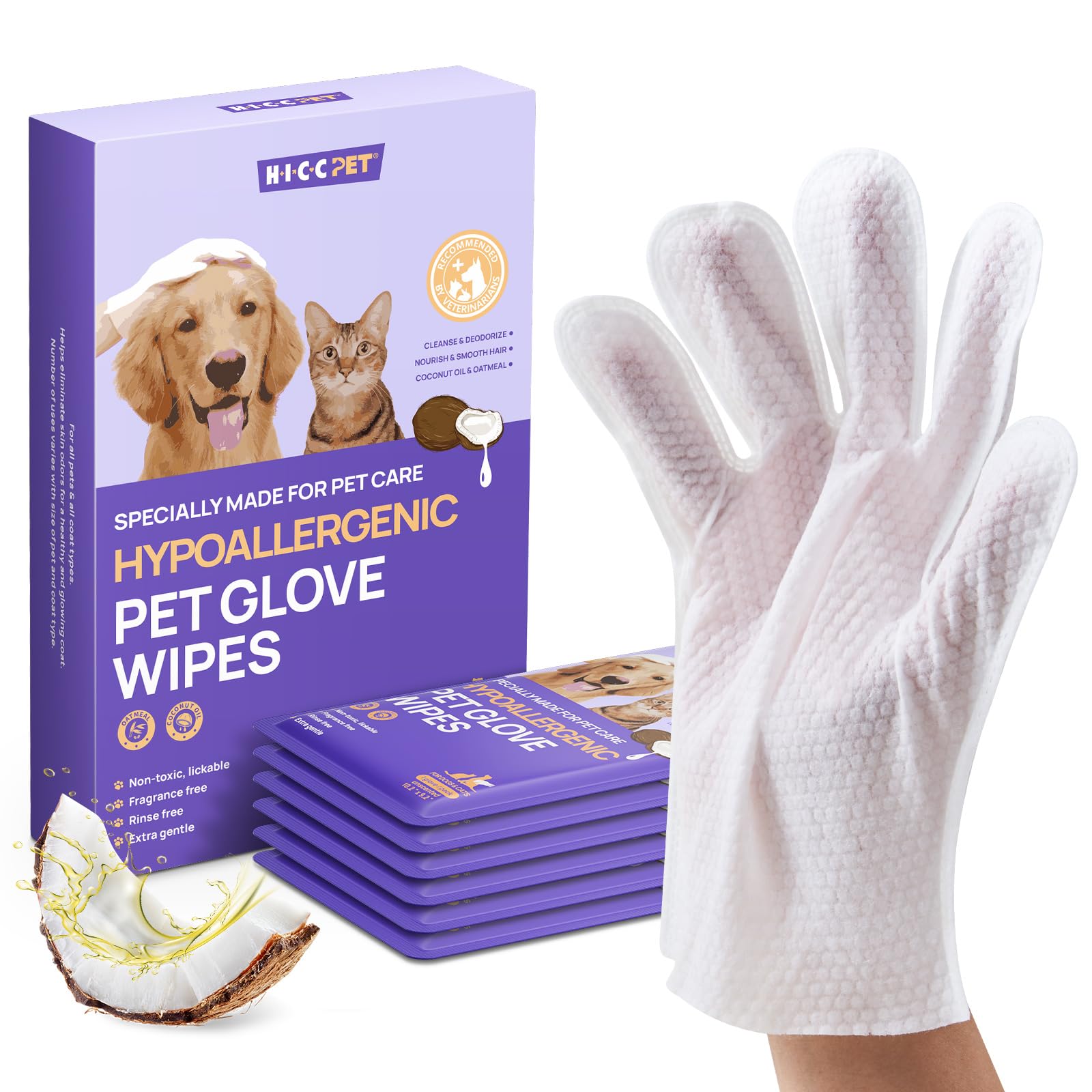 HICC PET Grooming & Moisturising Glove Wipes for Dogs & Cats,Dog Wipes with Coconut Oil, Vet-Recommended Pet Cleaning Wipe for Sensitive Skin,Hypoallergenic Pet Wipes, Travel Size