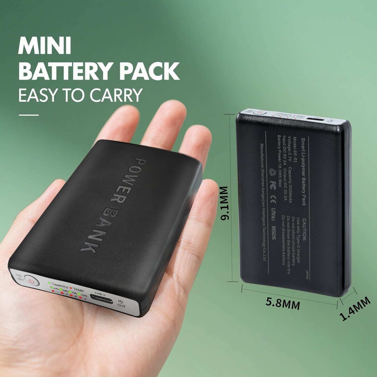 2Pack 5V 5000mAh Li-Polymer Rechargeable Batteries for Heated Socks Insoles Gloves Hat Scarf Spare Battery, Replacement Battery with 4 Setting