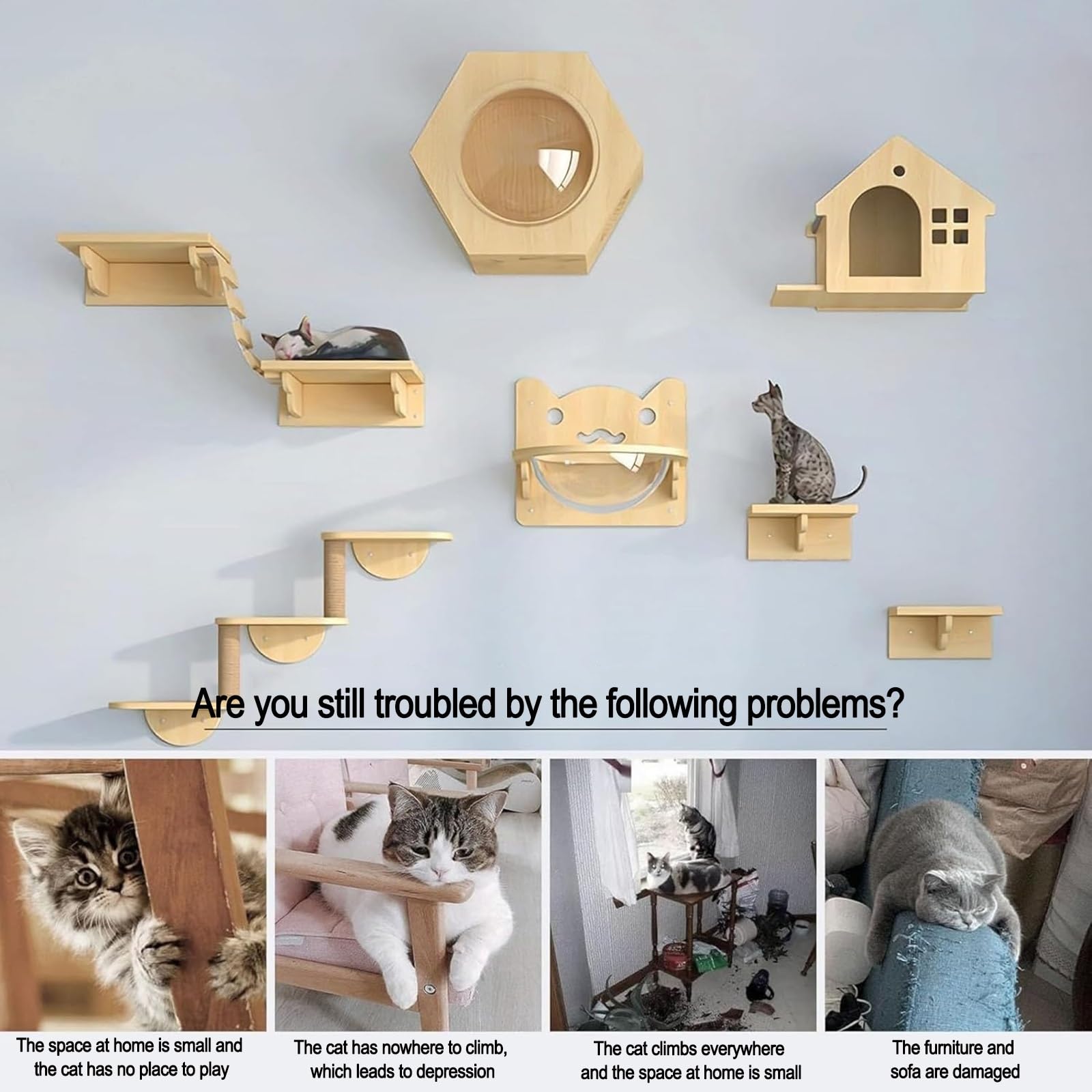 Amaca per Gatti, Tiragraffi Gatto, Mobili da Parete in Legno di Pino per Gatti, Mobili da Parete per Risparmiare Spazio, Regalo per Micio di Taglia Media/Piccola(4pcs)