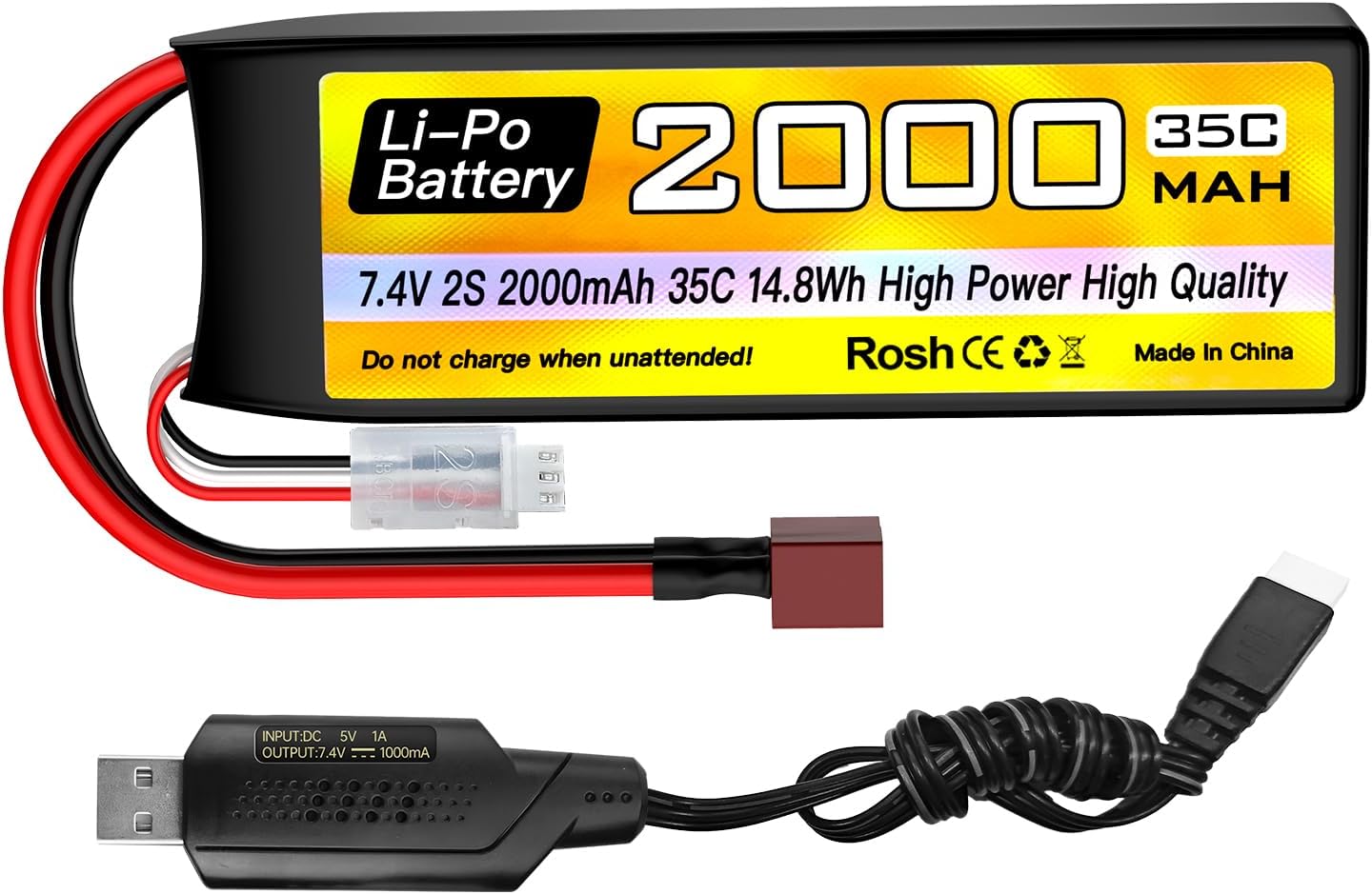 sea jump 2S Lipo Battery 7.4V 2000mAh 35C with T Plug and USB Charging Cable Suitable for RC Car, Truck, RC Boat, Quadcopter Aircraft, FPV Drone Battery