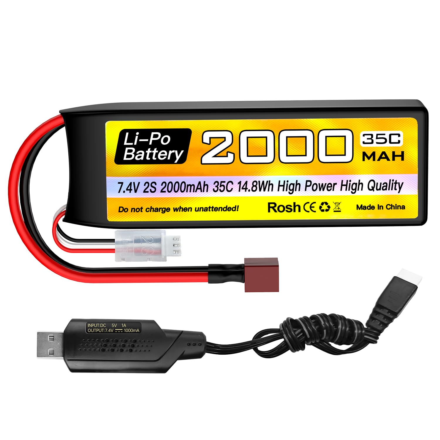 ZYGY 2S Lipo Battery 7.4V 2000mAh 35C with T-plug with USB charging cable for RC Car Truck RC Boat RC Quadcopter FPV Drone Battery