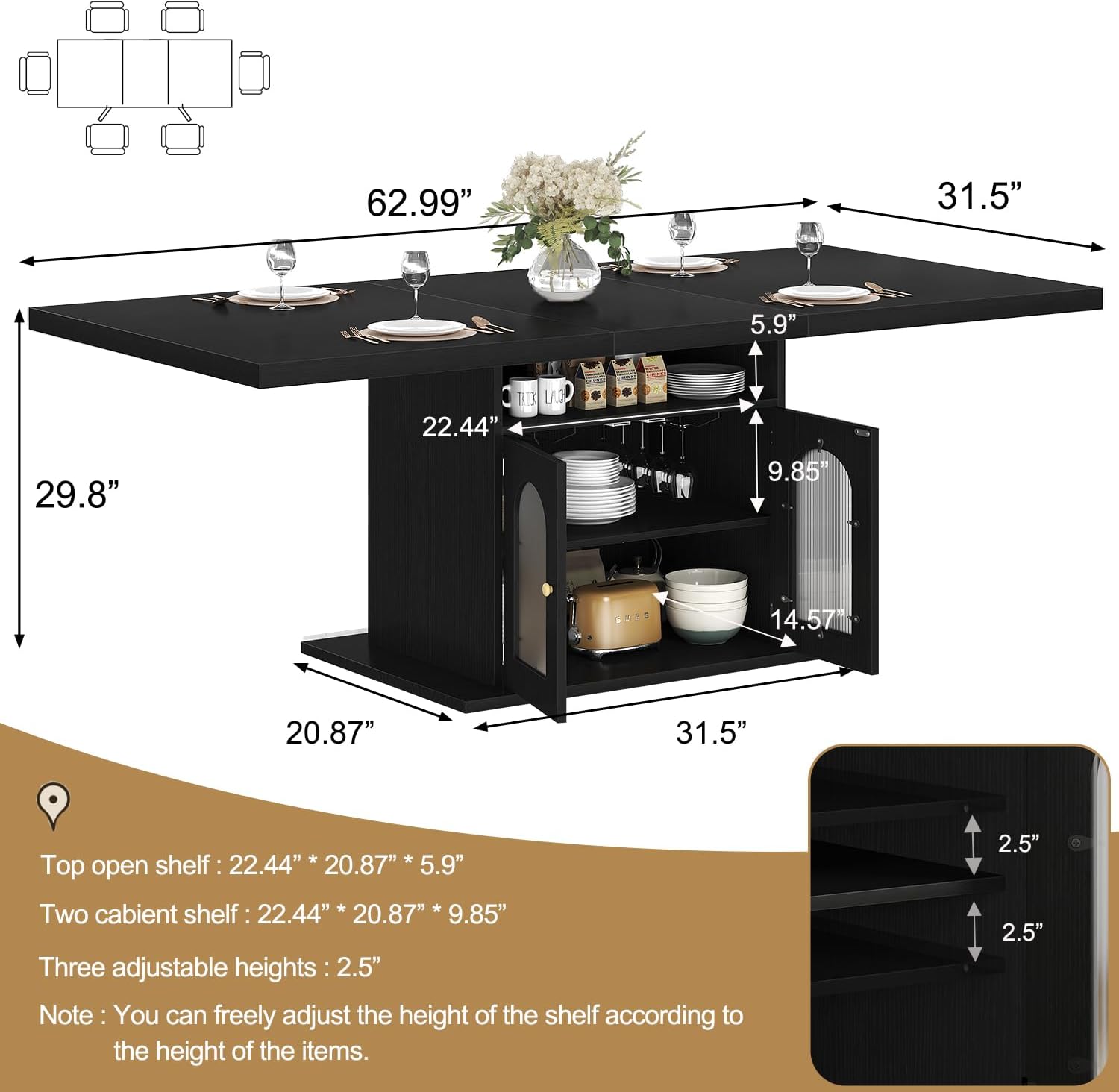 HSH Black Dining Table for 4 to 6, Modern Kitchen Dining Room Table with 3-Tier Storage Shelf and Acrylic Door Cabinet, Rectangular Wooden Dinner Tables for Home Kitchen Living Room, Black Oak，63 in