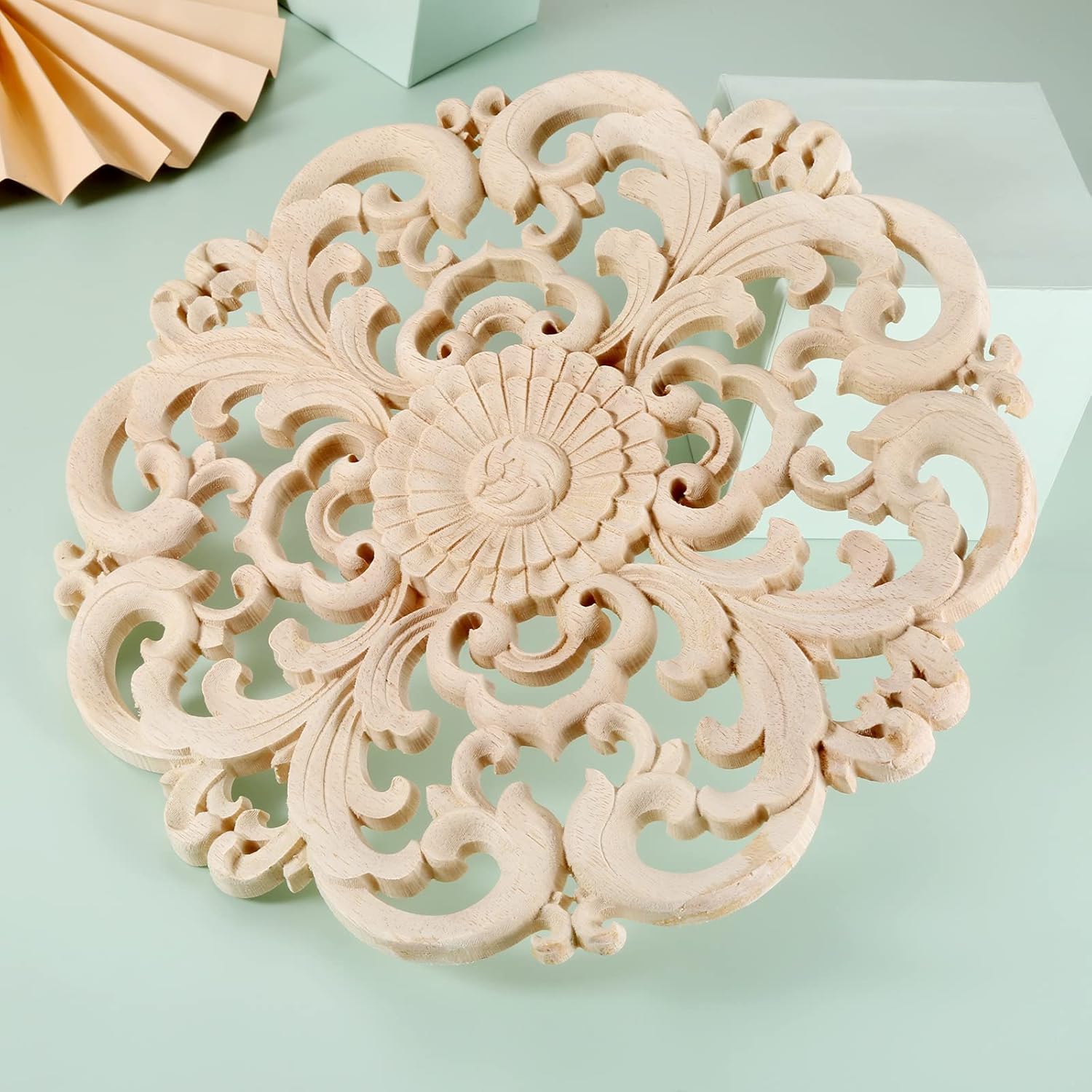 MUXSAM Round Wood Appliques Onlays, 2-Pack Unpainted Wooden Carved Flower Carvings Decals for Wall Cupboard Mirror Mantel Door Bed Cabinet Ceiling Dresser Furniture Refurbish Project, 30cm/11.8"