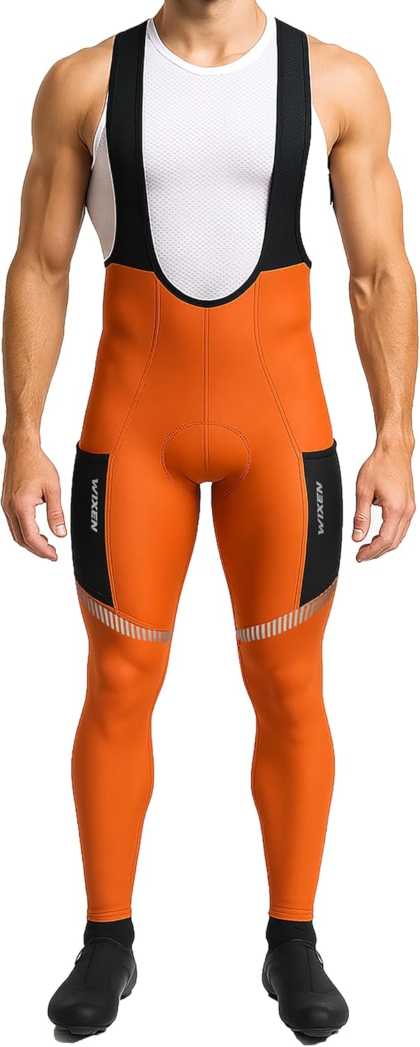 WIXEN Men’s Winter Cycling Bib Tights Thermal Fleece 3D Padded Bike Bib Pants with 4 Pockets